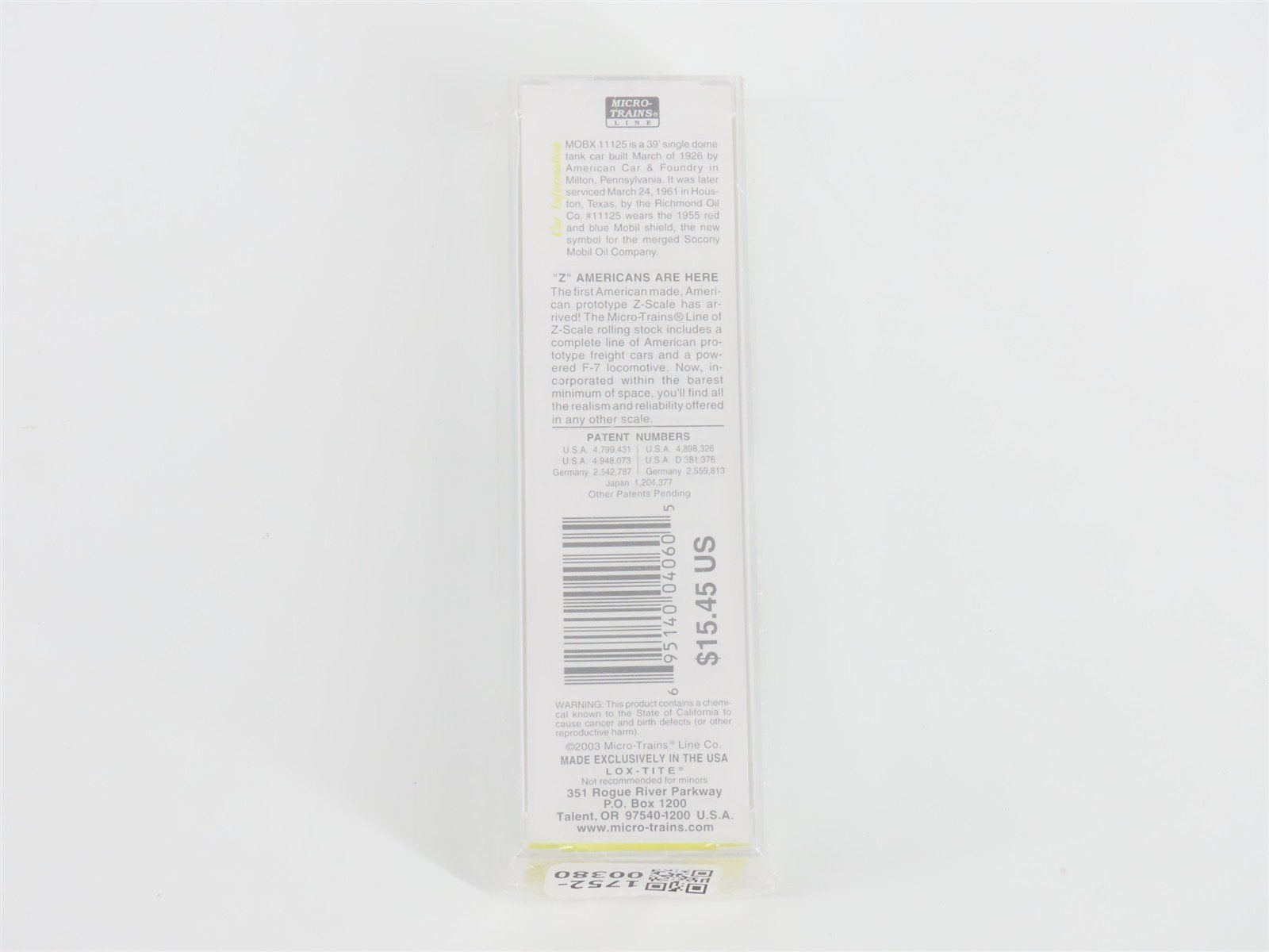 Z Scale Micro-Trains MTL 14410-2 MOBX Mobil Oil Single Dome Tank Car #11125