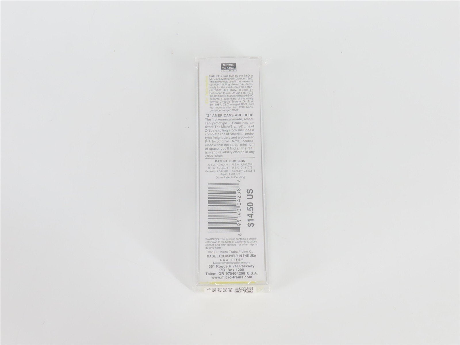 Z Scale Micro-Trains MTL 14406 B&O Baltimore & Ohio Single Dome Tank Car #X417