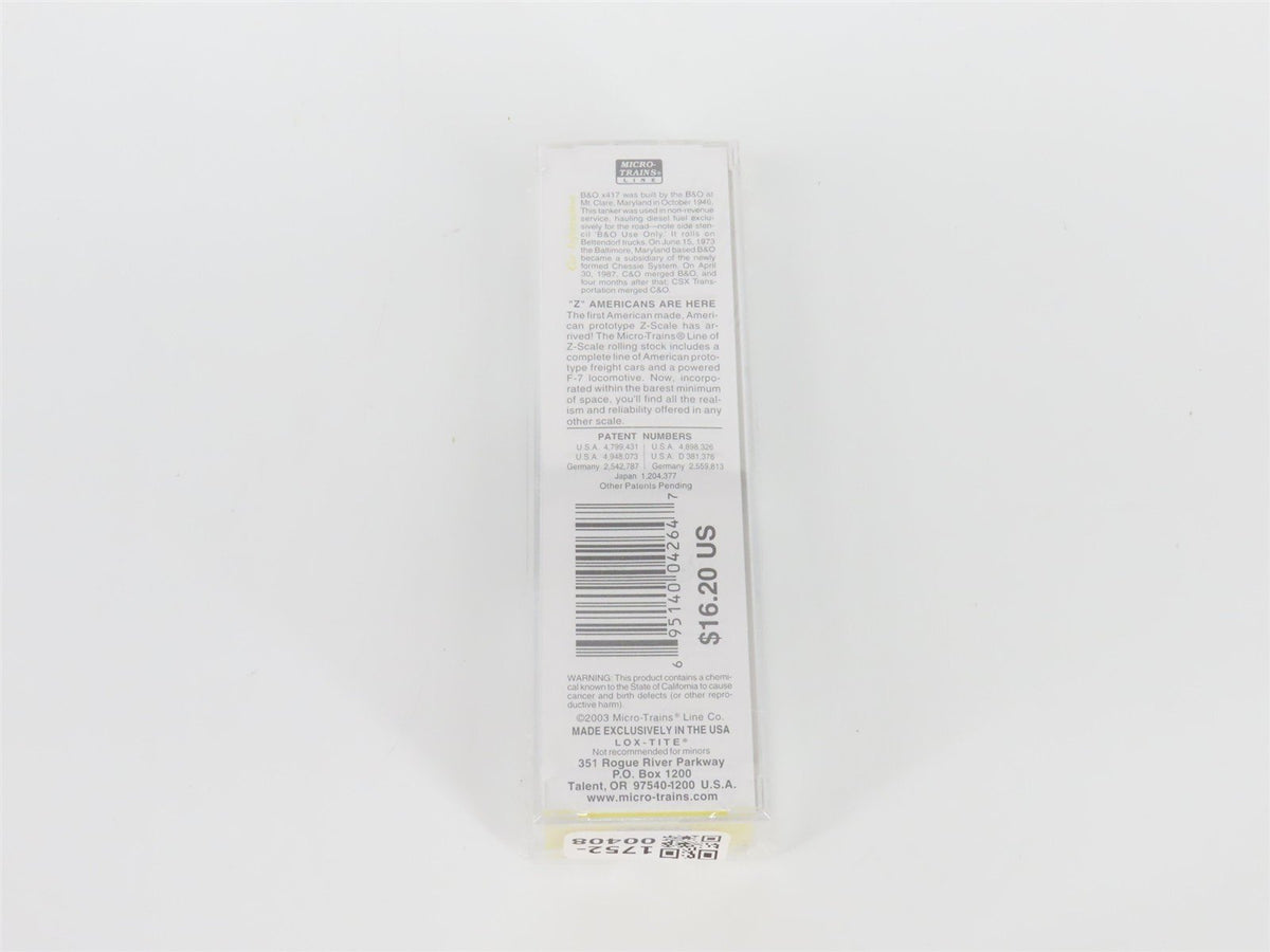 Z Scale Micro-Trains MTL 14406-2 B&amp;O Baltimore &amp; Ohio Single Dome Tank Car #X417