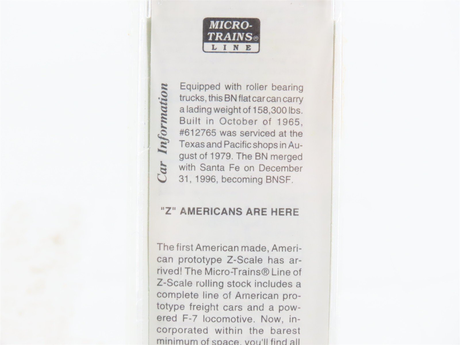 Z Scale Micro-Trains MTL 14508-2 BN Burlington Northern Flatcar #612765