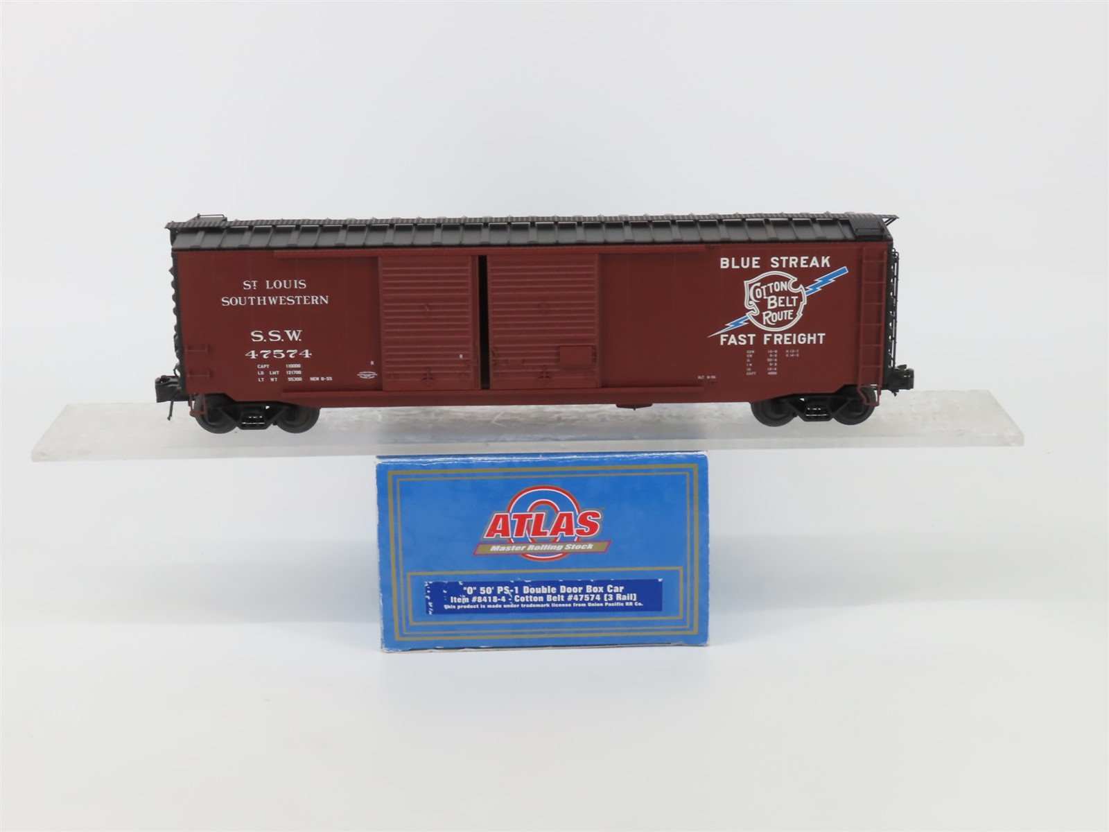 O Gauge 3-Rail Atlas 8418-4 SSW Cotton Belt "Blue Streak" PS-1 Boxcar #47574