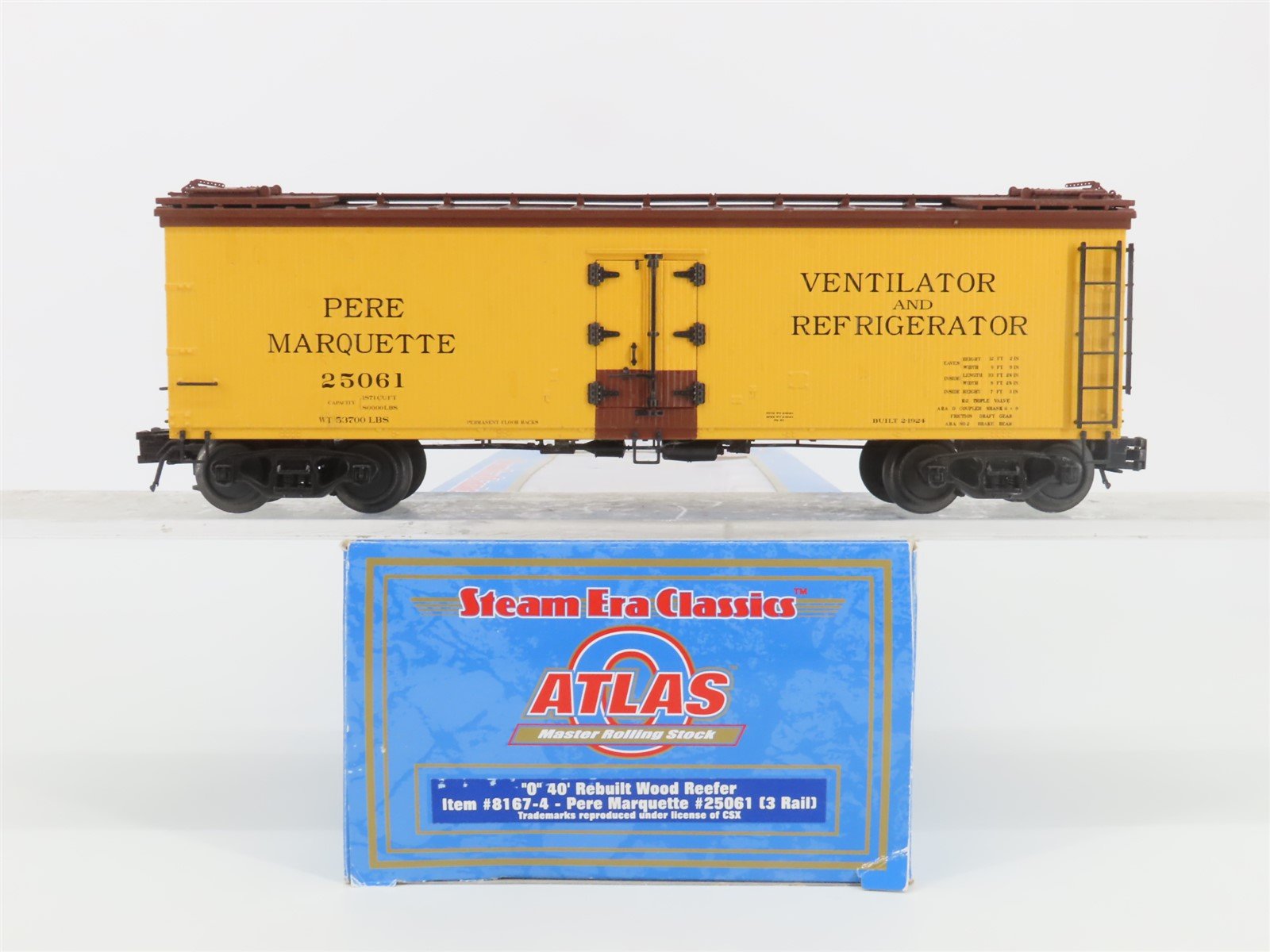 O Gauge 3-Rail Atlas 8167-4 PM Pere Marquette 40' Rebuilt Wood Reefer #25061