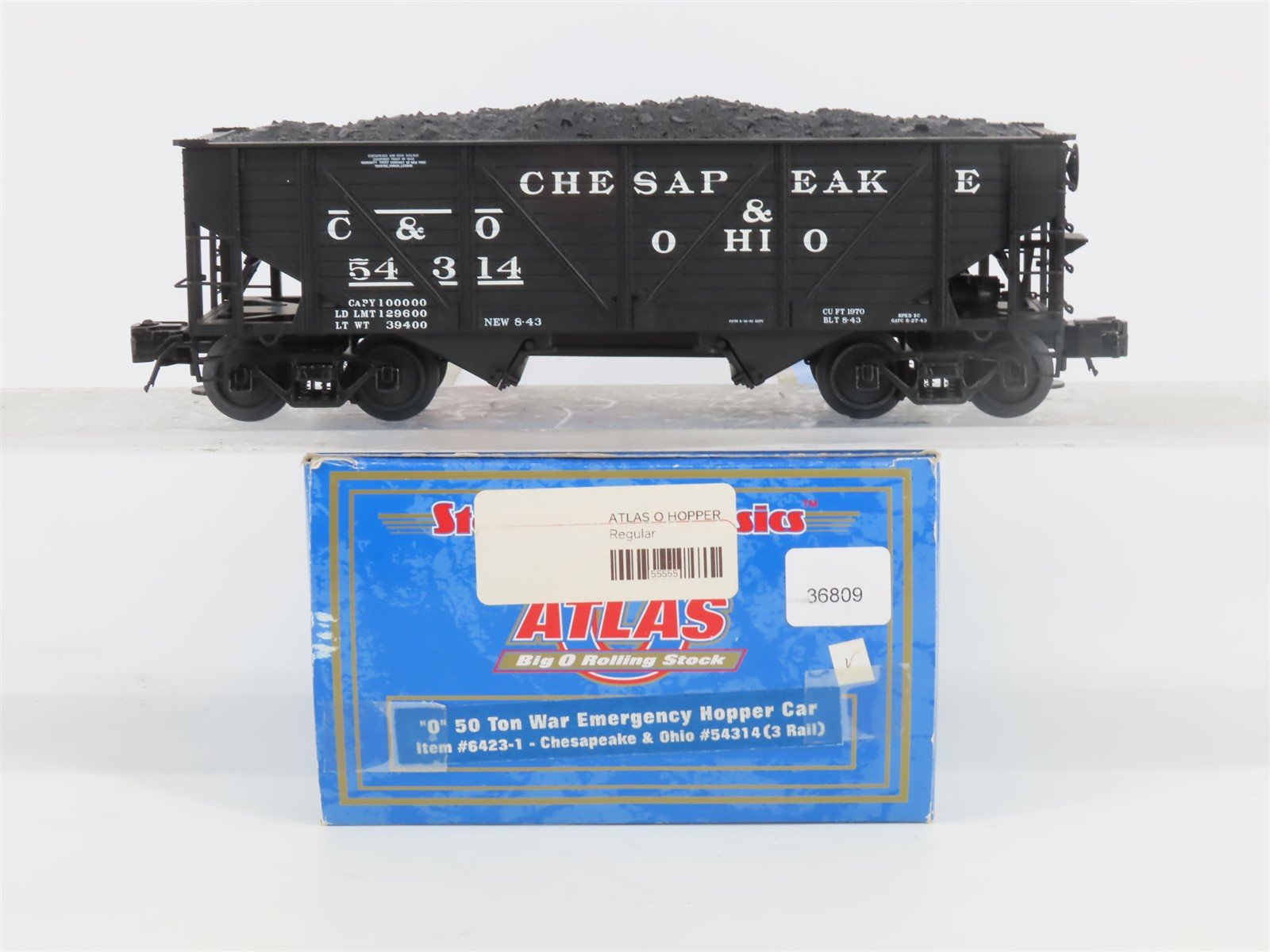 O Gauge 3-Rail Atlas 6423-1 C&O 50-Ton War Emergency 2-Bay Hopper 54314 w/ Load