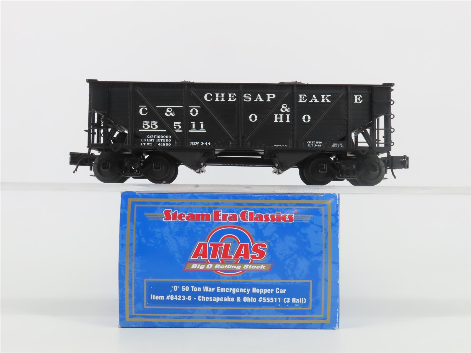 O Gauge 3-Rail Atlas 6423-6 C&O 50-Ton War Emergency 2-Bay Hopper #55511 w/ Load