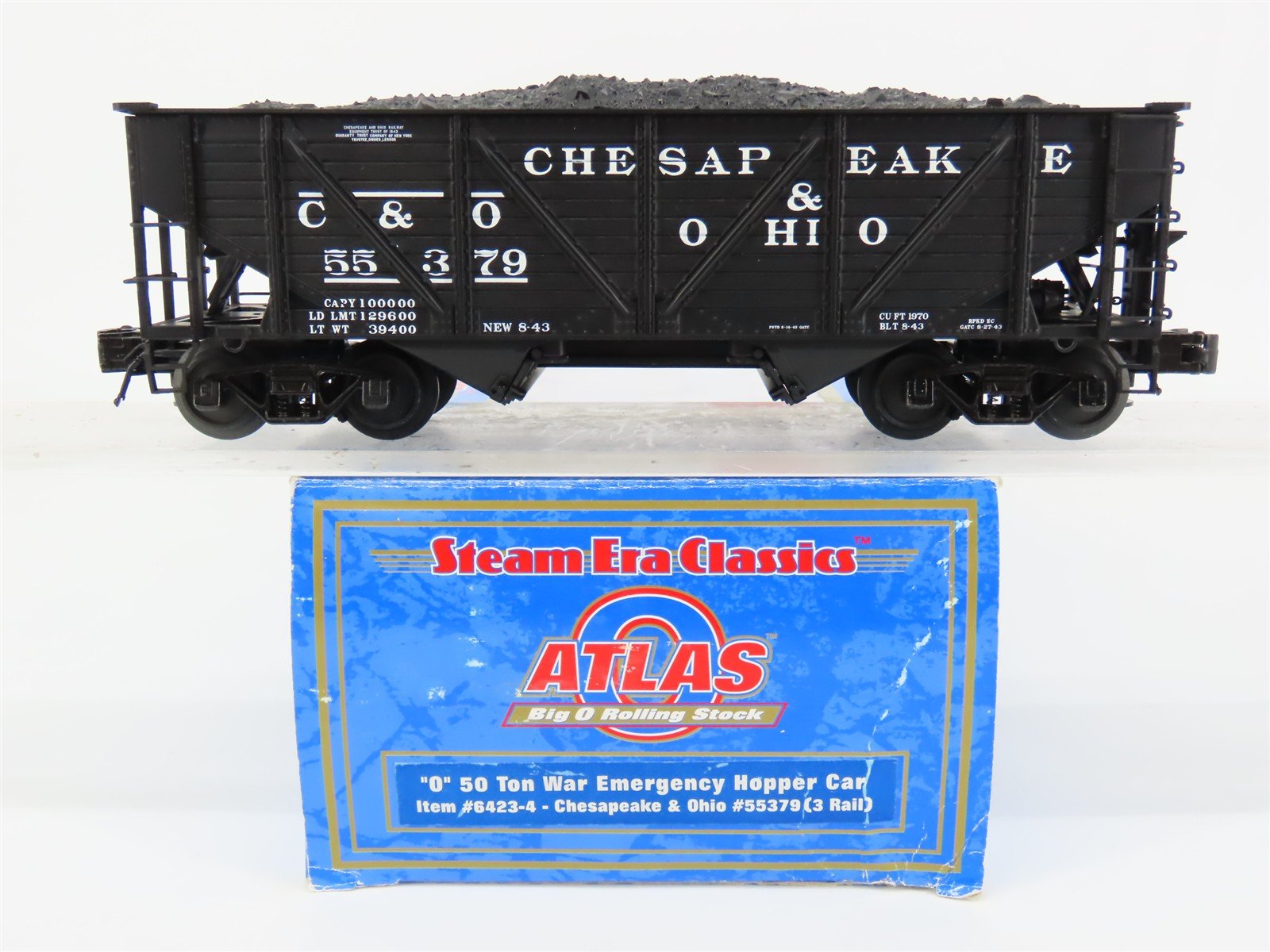 O Gauge 3-Rail Atlas 6423-4 C&O 50-Ton War Emergency 2-Bay Hopper #55379 w/ Load