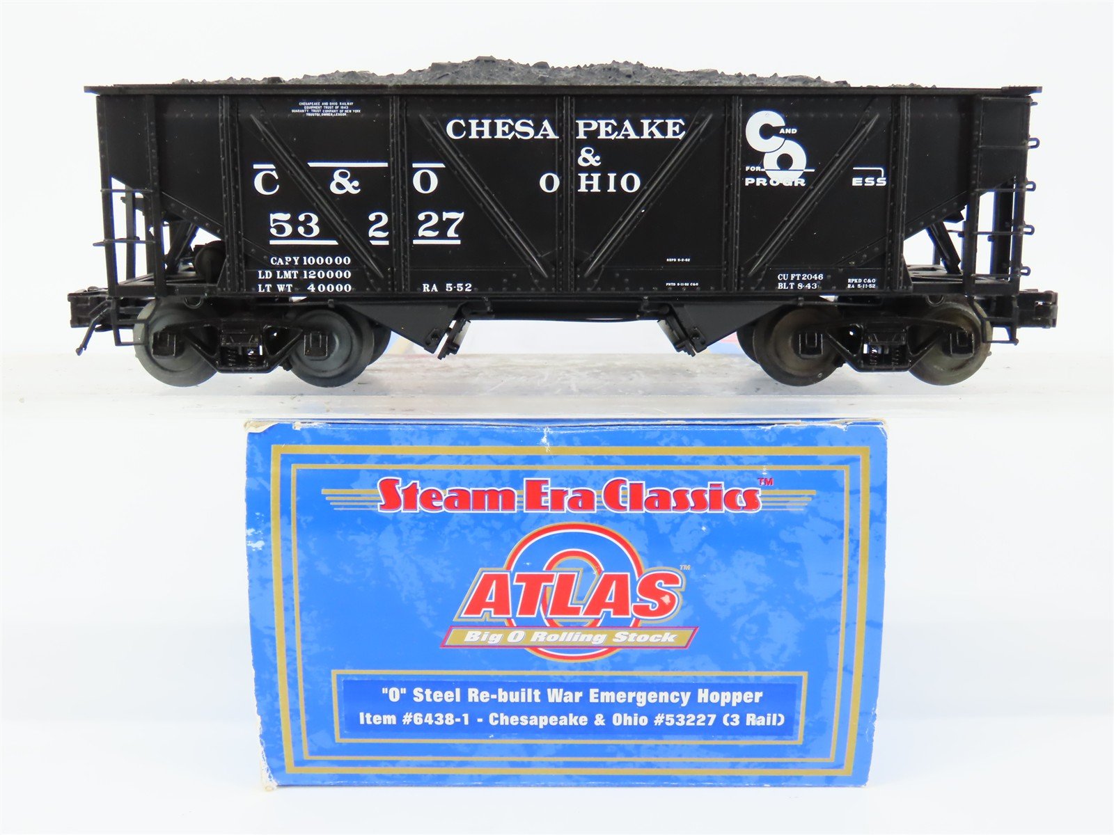 O Gauge 3-Rail Atlas 6438-1 C&O Re-Built War Emergency 2-Bay Hopper 53227 w/Load
