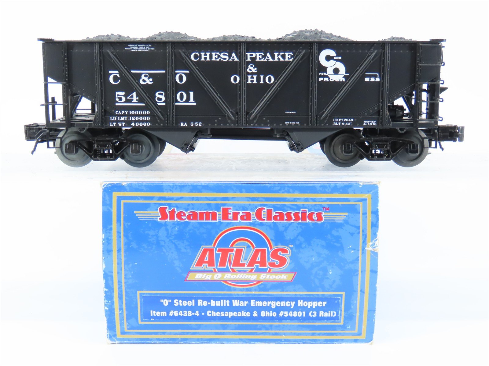 O Gauge 3-Rail Atlas 6438-4 C&O Re-Built War Emergency 2-Bay Hopper 54801 w/Load