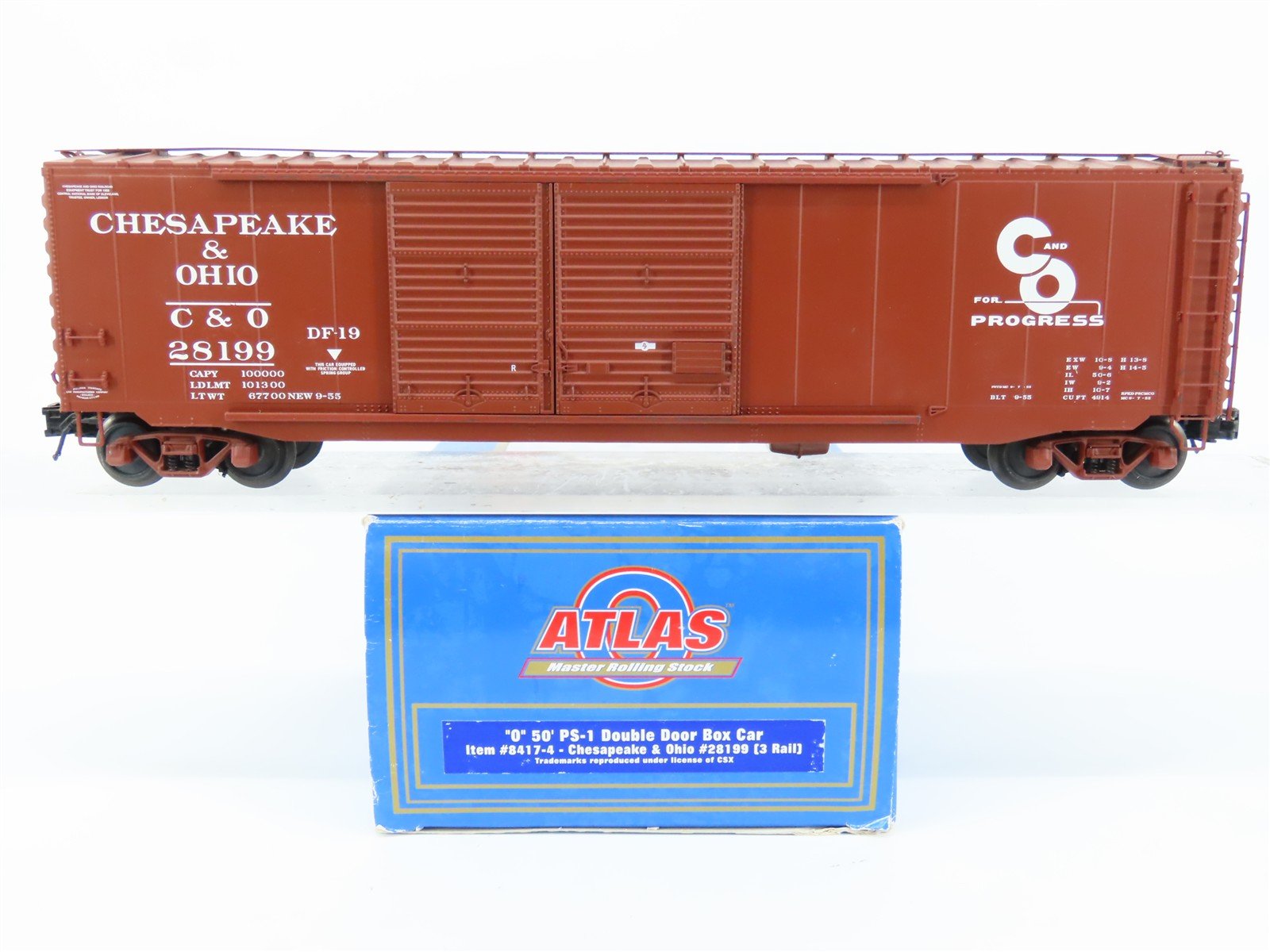 O Gauge 3-Rail Atlas 8417-4 C&O Chesapeake & Ohio 50' Double Door Box Car #28199