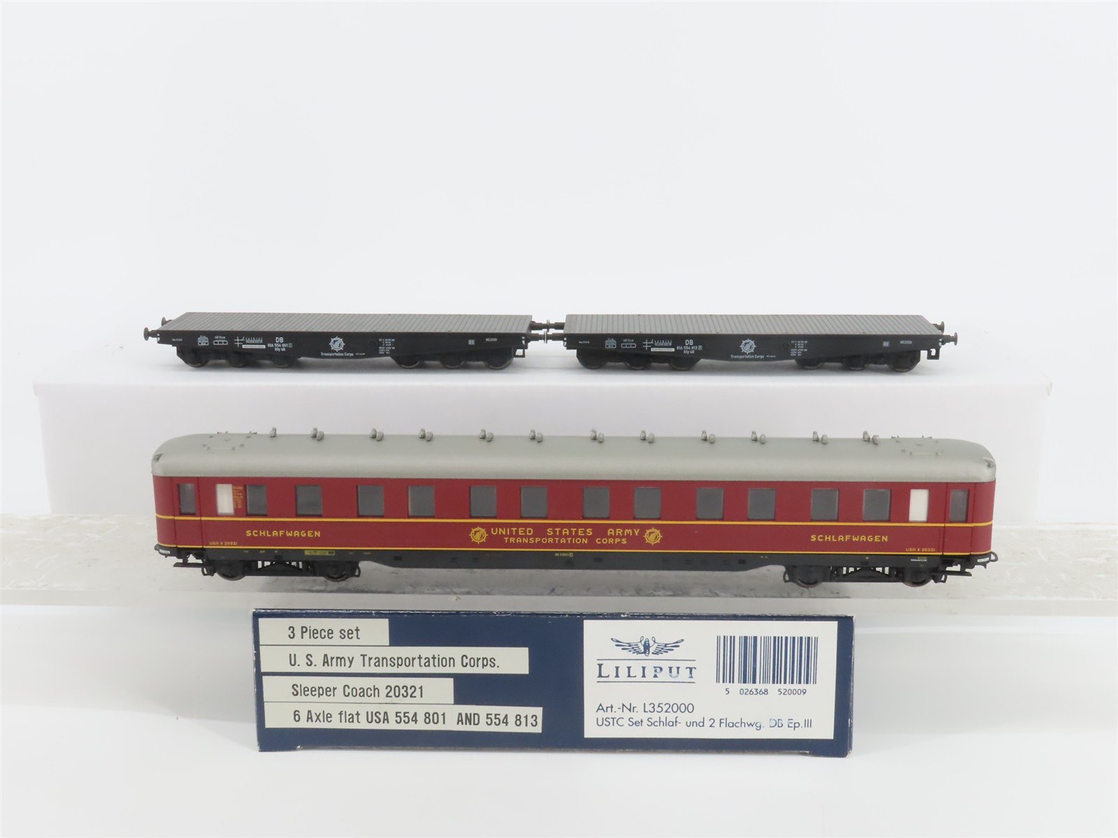 HO Liliput L352000 US Army Transportation Sleeper Passenger & Flat Cars Set of 3