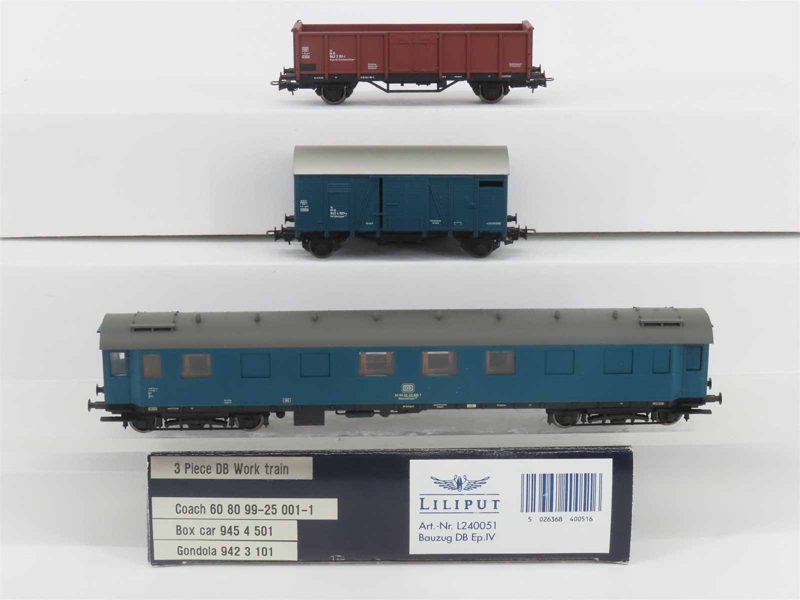 HO Liliput L240051 DB Work Train Coach Passenger w/ Box Car & Gondola Set of 3