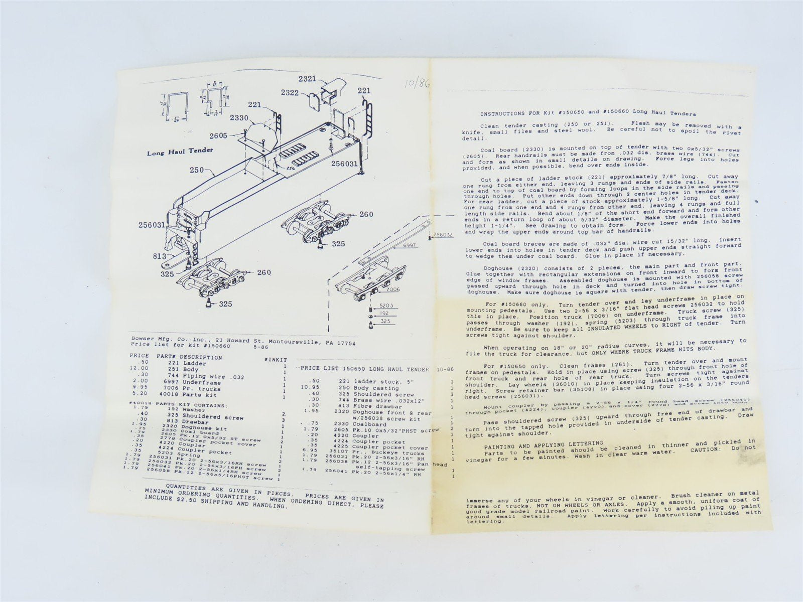 HO Scale Bowser 1-150660 Undecorated Die-Cast 8 Wheel Long Haul Steam Tender Kit