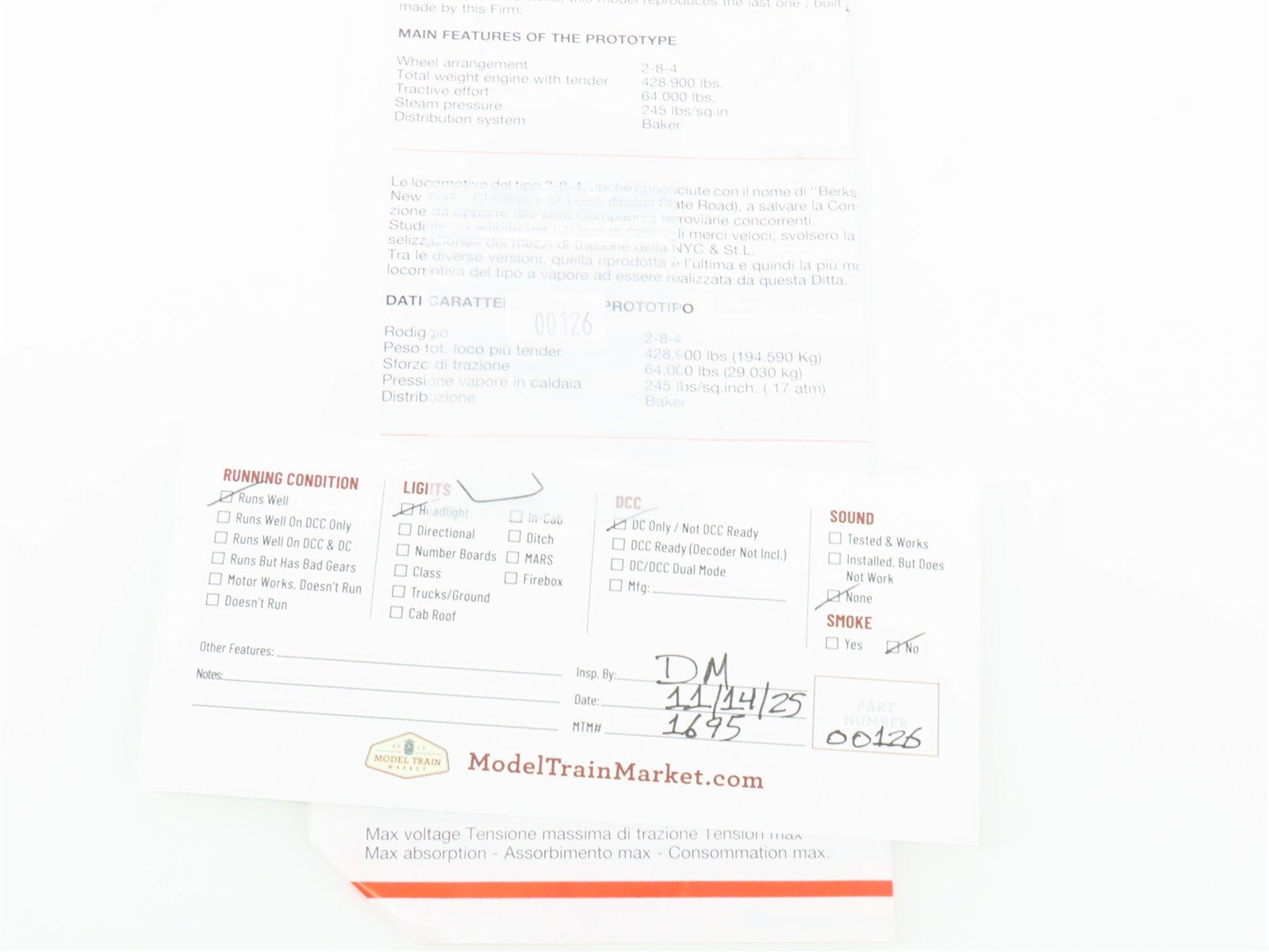 HO Scale Rivarossi 5435 Unlettered 2-8-4 Berkshire Steam #574 - Custom