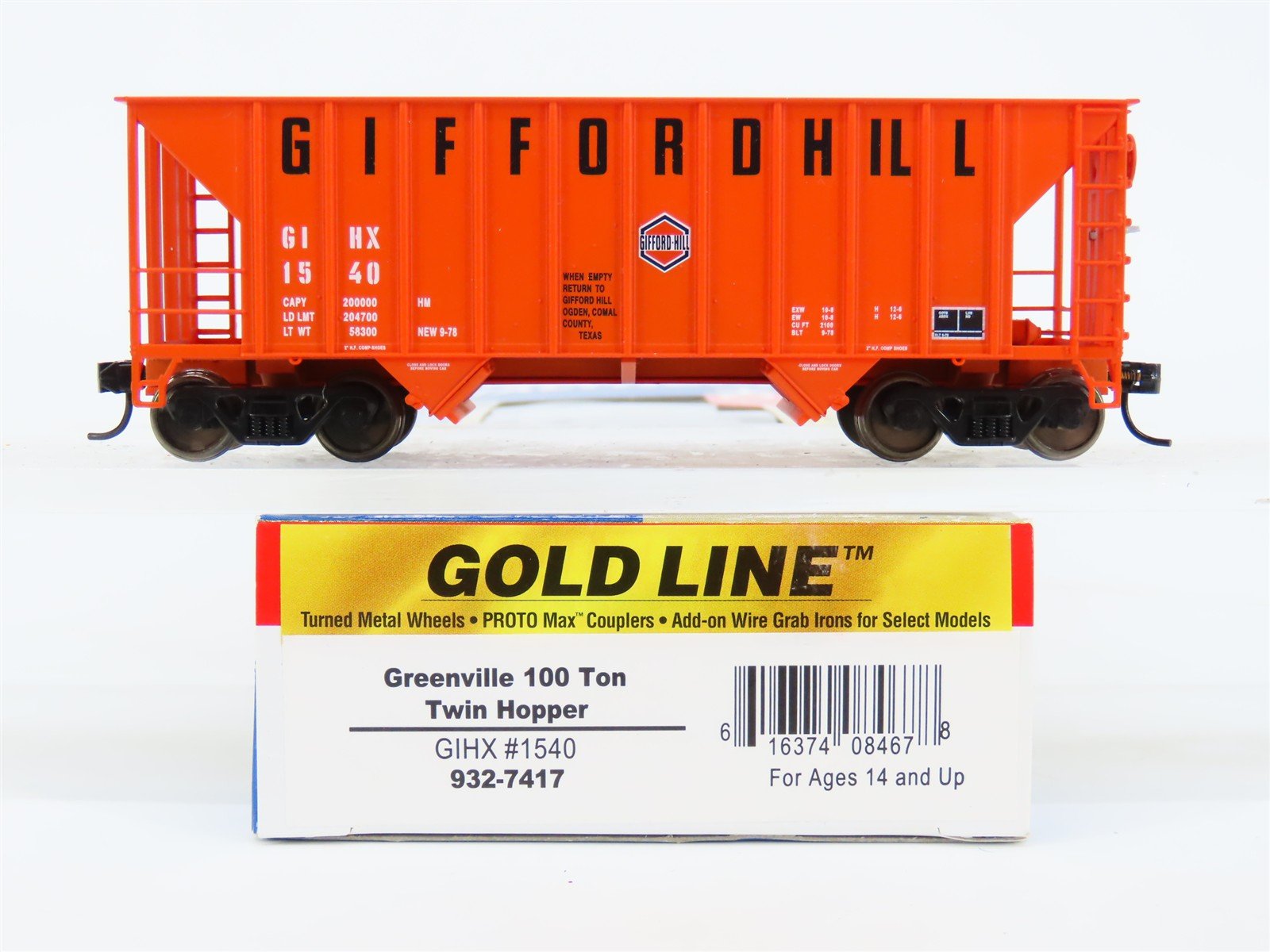 HO Scale Walthers Gold Line 932-7417 GIHX Gifford Hill 2-Bay Open Hopper #1540