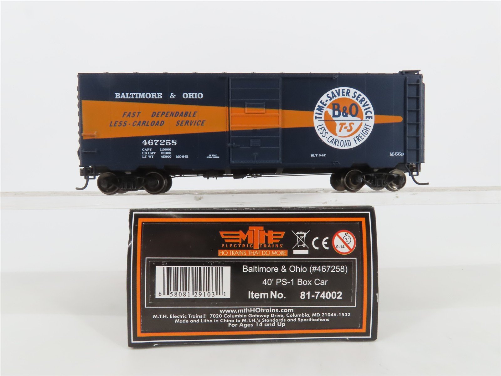 HO MTH 81-74002 B&O Baltimore & Ohio "Time-Saver" PS-1 40' Box Car #467258