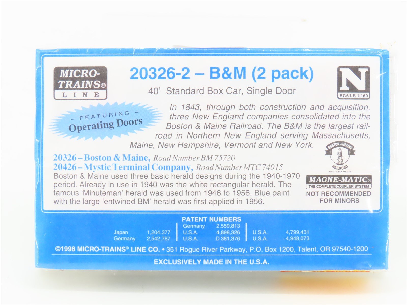 N Micro-Trains MTL 20326-2 MTC BM Boston & Maine 40' Box Car 2-Pack - SEALED
