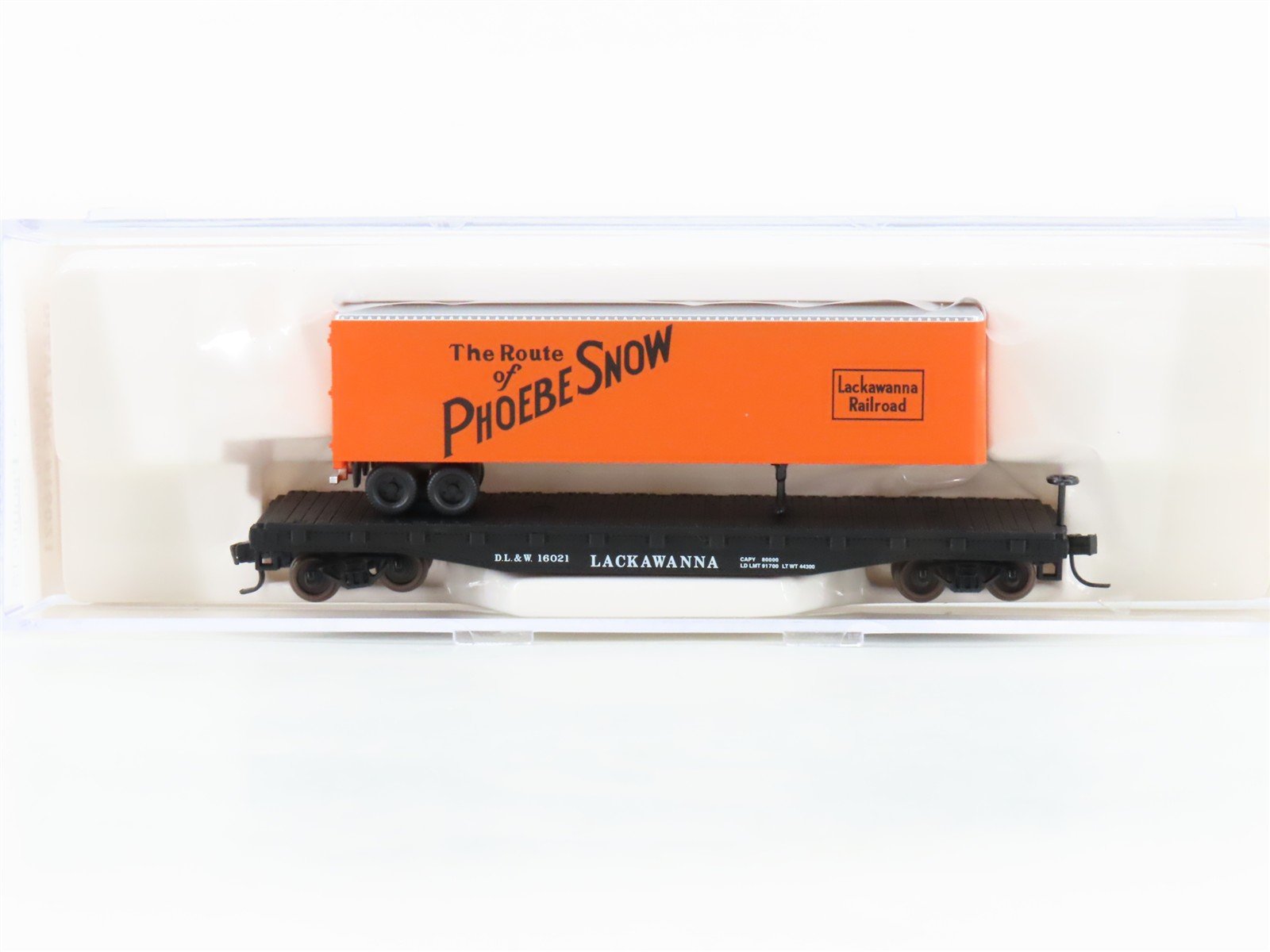 N Atlas Squeak N Products DL-0040 DL&W Lackawanna Flat Car #16021 w/ Trailer