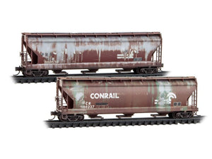 N Micro-Trains MTL 98305102 CR/ex-PRR 3-Bay Covered Hoppers 2-Pack - Weathered