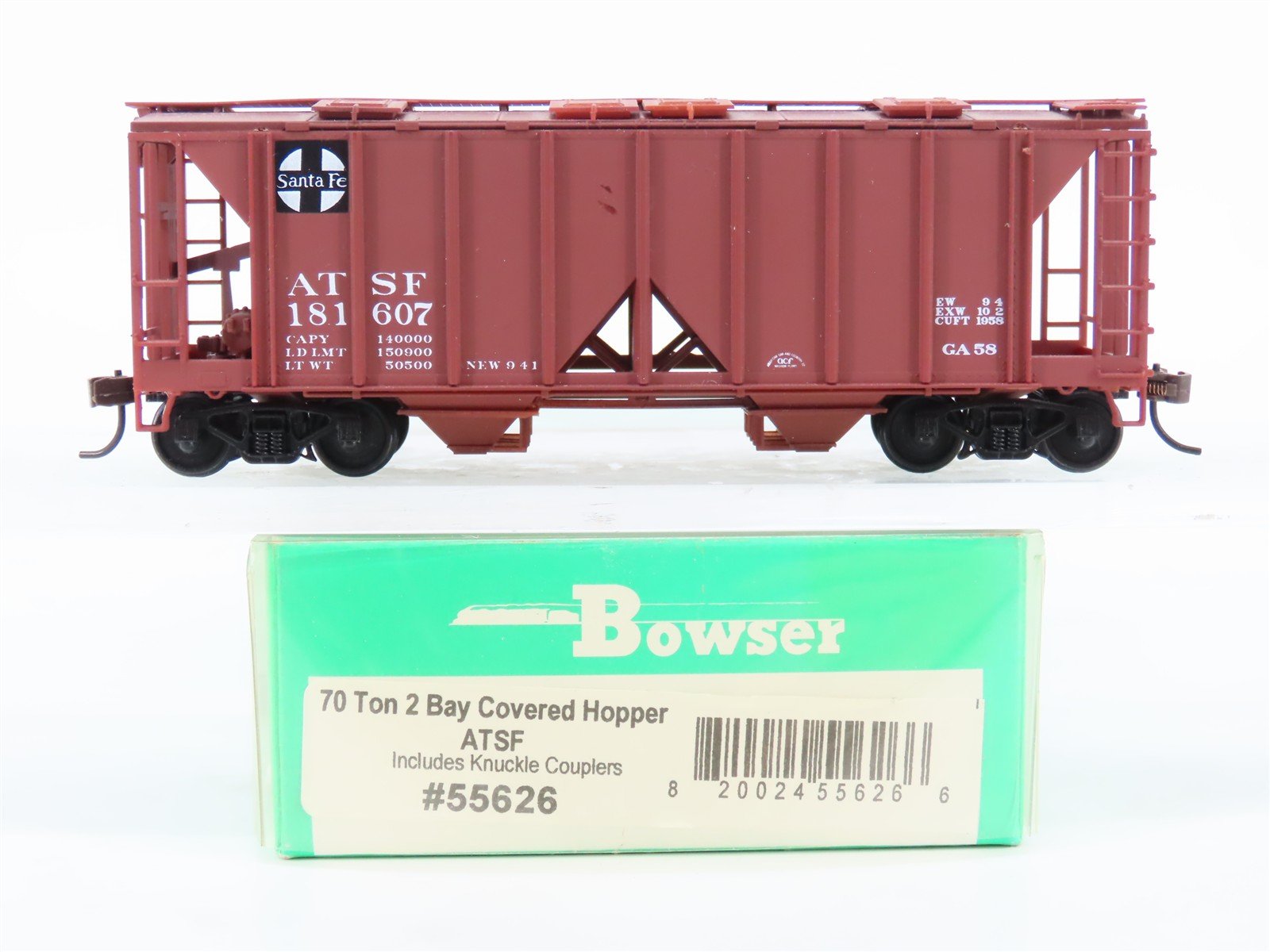 HO Scale Bowser 55626 ATSF Railway 2-Bay 70-Ton Covered Hopper Car #181607