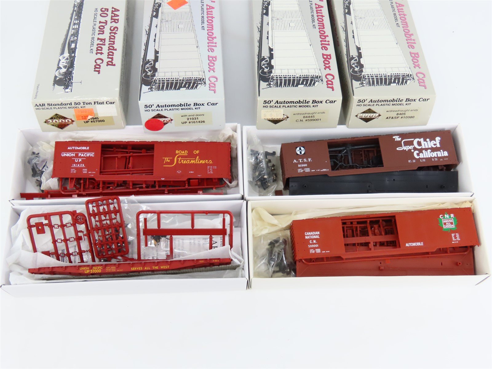 LOT of 4 HO Scale PROTO 2000 Kits CN/ATSF/UP Railroad Flat Car & Box Cars
