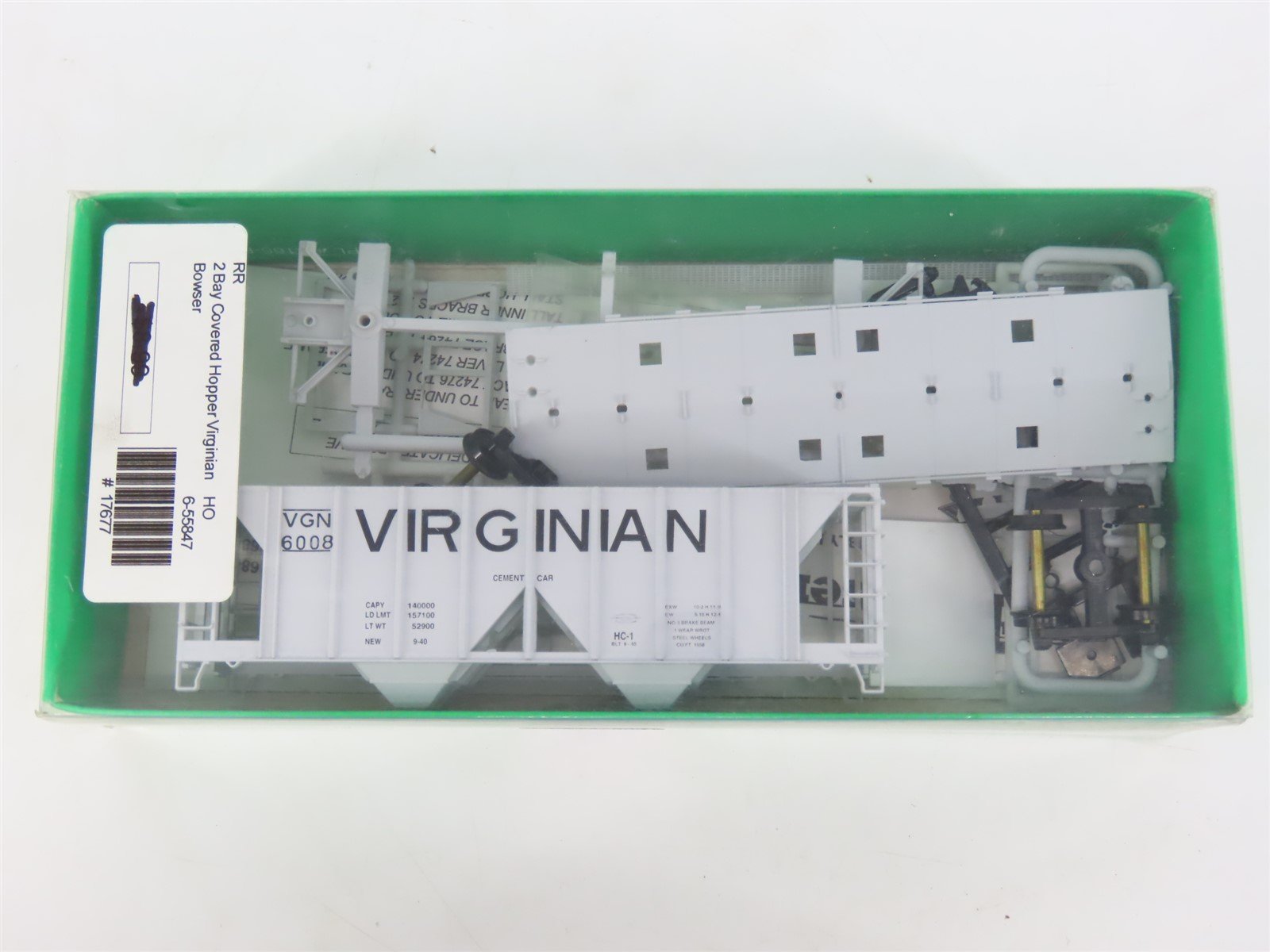 HO Scale Bowser Kit #55847 VGN Virginian 2-Bay Covered Hopper #6008 - Sealed