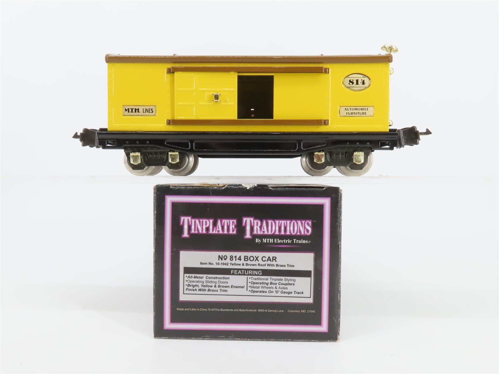 O 3-Rail MTH Tinplate 10-1042 Yellow & Brown Automobile/Furniture Boxcar #814