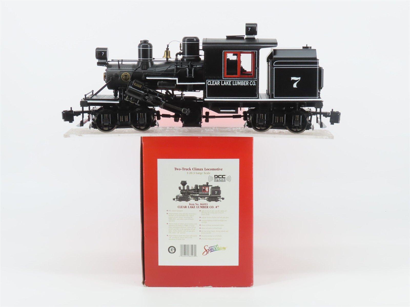 G Scale Bachmann 86093 Clear Lake Lumber Two-Truck Climax Steam #7 wDCC & Sound