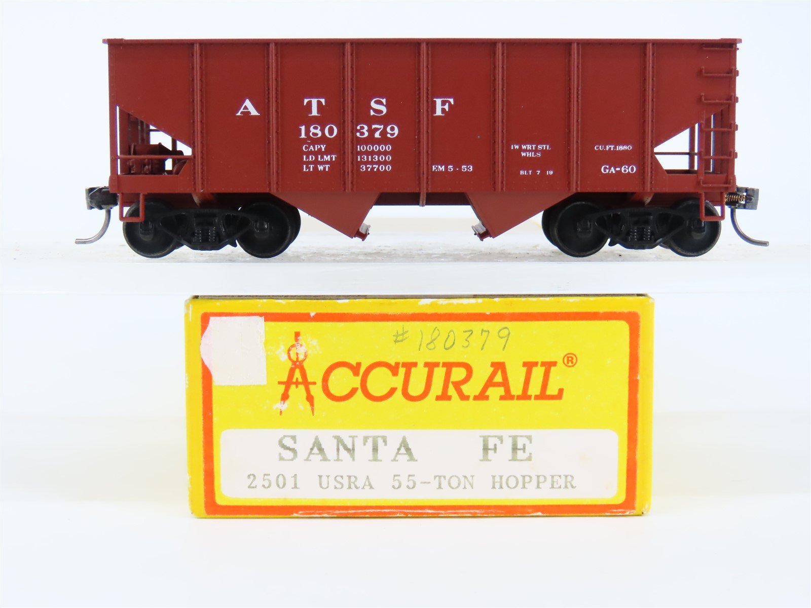 HO Scale Accurail 2501 ATSF Santa Fe 2-Bay Hopper #180379 w/ Load - Upgraded