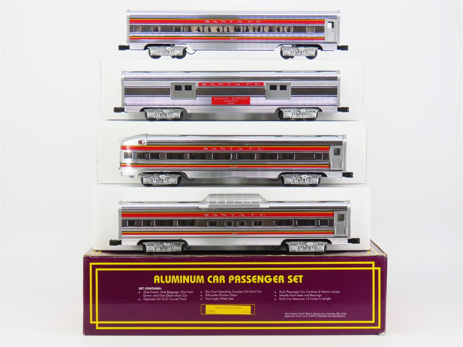 O Gauge 3-Rail MTH 20-2153 ATSF Santa Fe El Capitan Aluminum 4-Car Passenger Set