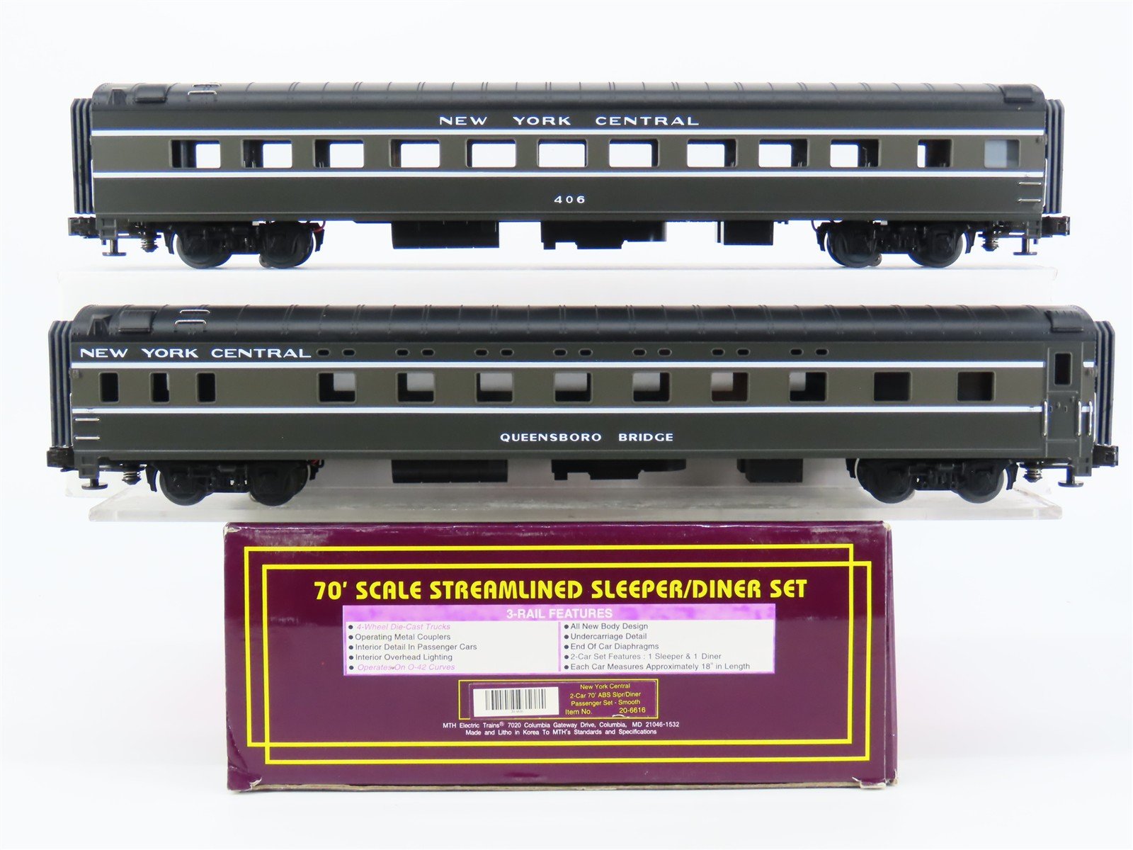 O Gauge 3-Rail MTH 20-6616 NYC New York Central 70' Sleeper/Diner Passenger Set
