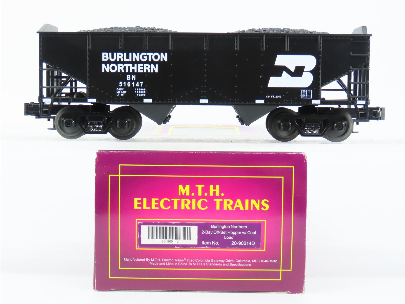 O Gauge 3-Rail MTH 20-90014D BN Burlington Northern 2-Bay Hopper #516147 w/ Load
