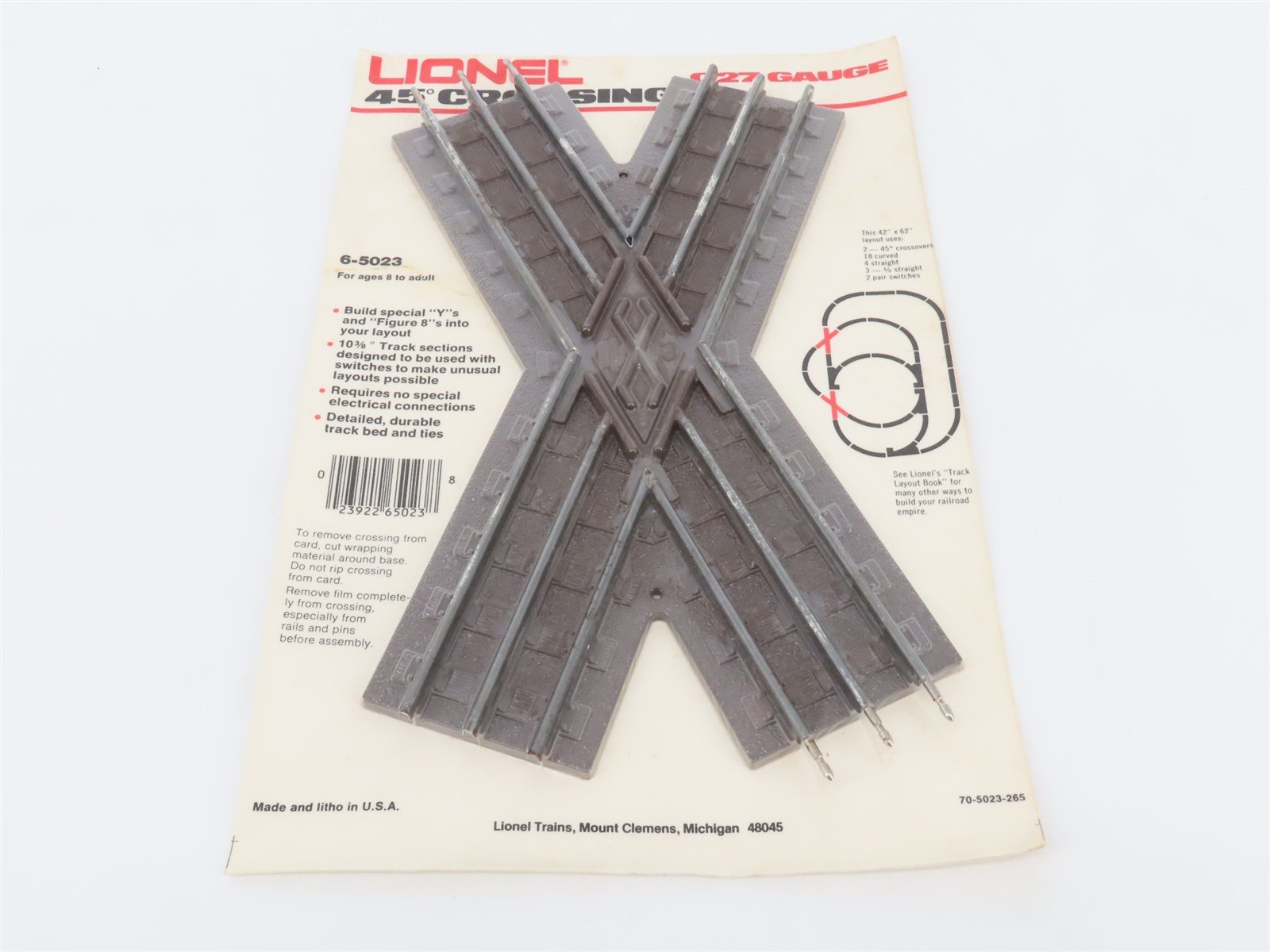 O27 Gauge 3-Rail Lionel 6-5023 45-Degree Crossing Track