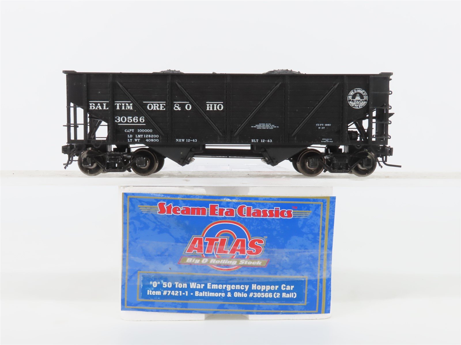O Scale 2-Rail Atlas 7421-1 B&O War Emergency 2-Bay Hopper #30566 w/ Coal Load