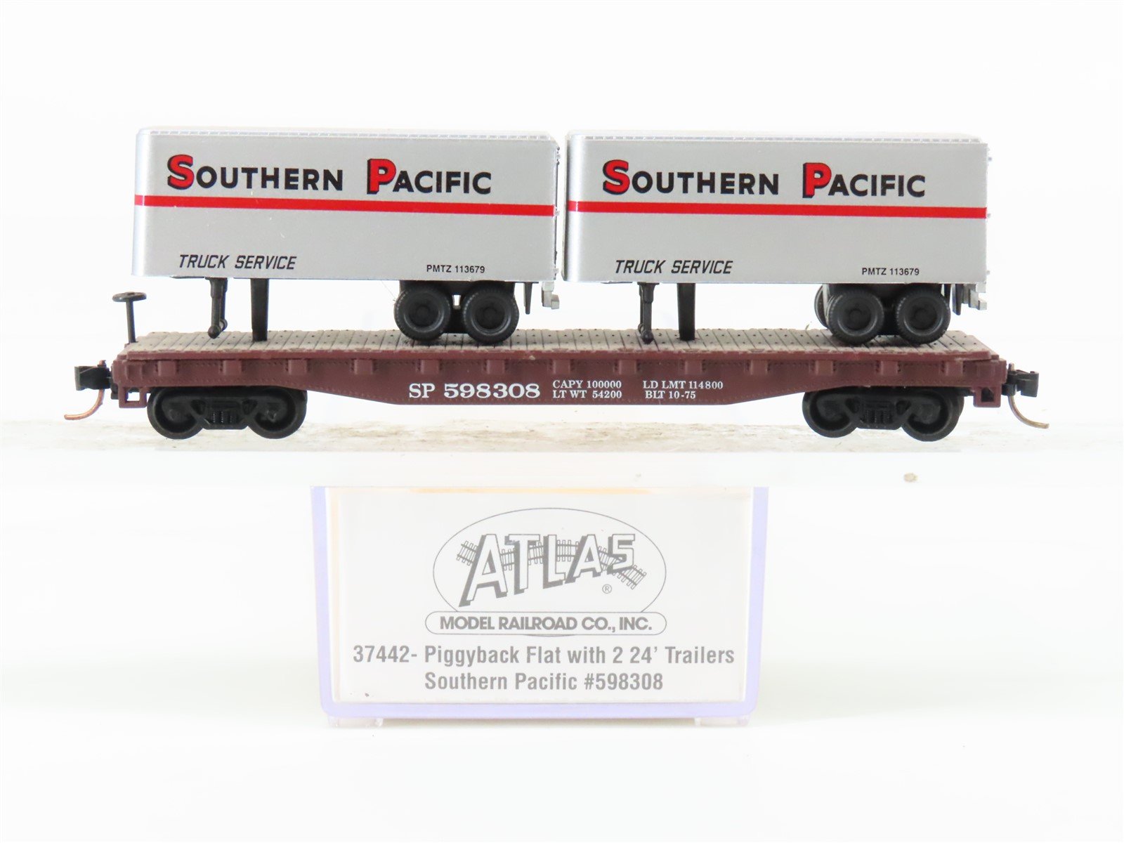 N Scale Atlas 37442 SP Southern Pacific Flat Car #598308 w/ 2 24' Trailers