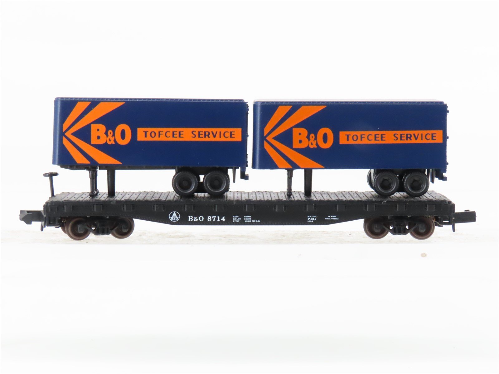 N Scale Atlas B&O Baltimore & Ohio Railroad Flat Car #8714 w/ 2 Trailers