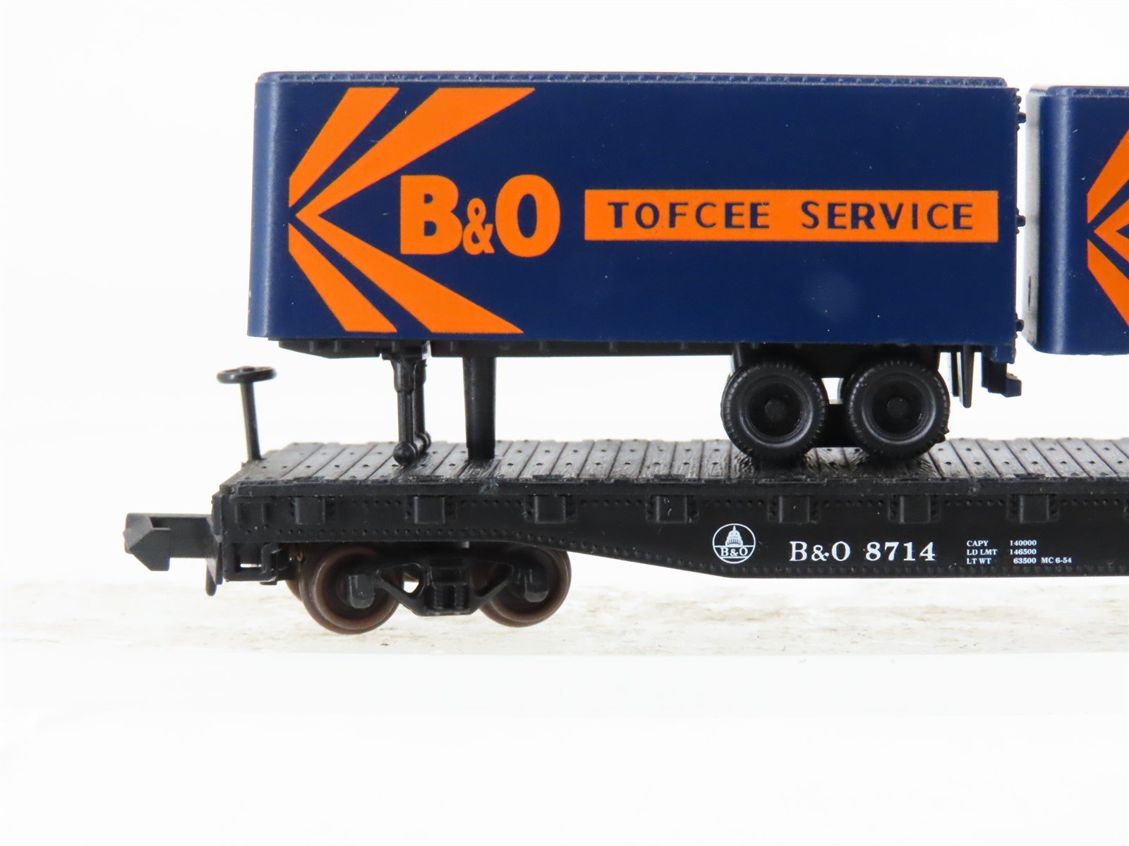N Scale Atlas B&O Baltimore & Ohio Railroad Flat Car #8714 w/ 2 Trailers