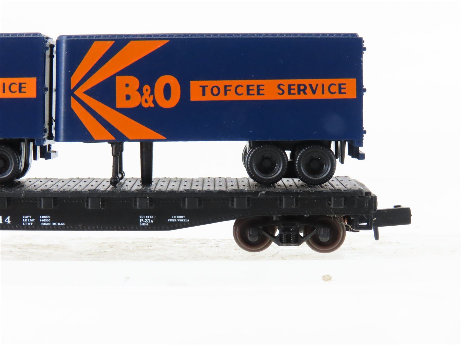 N Scale Atlas B&O Baltimore & Ohio Railroad Flat Car #8714 w/ 2 Trailers