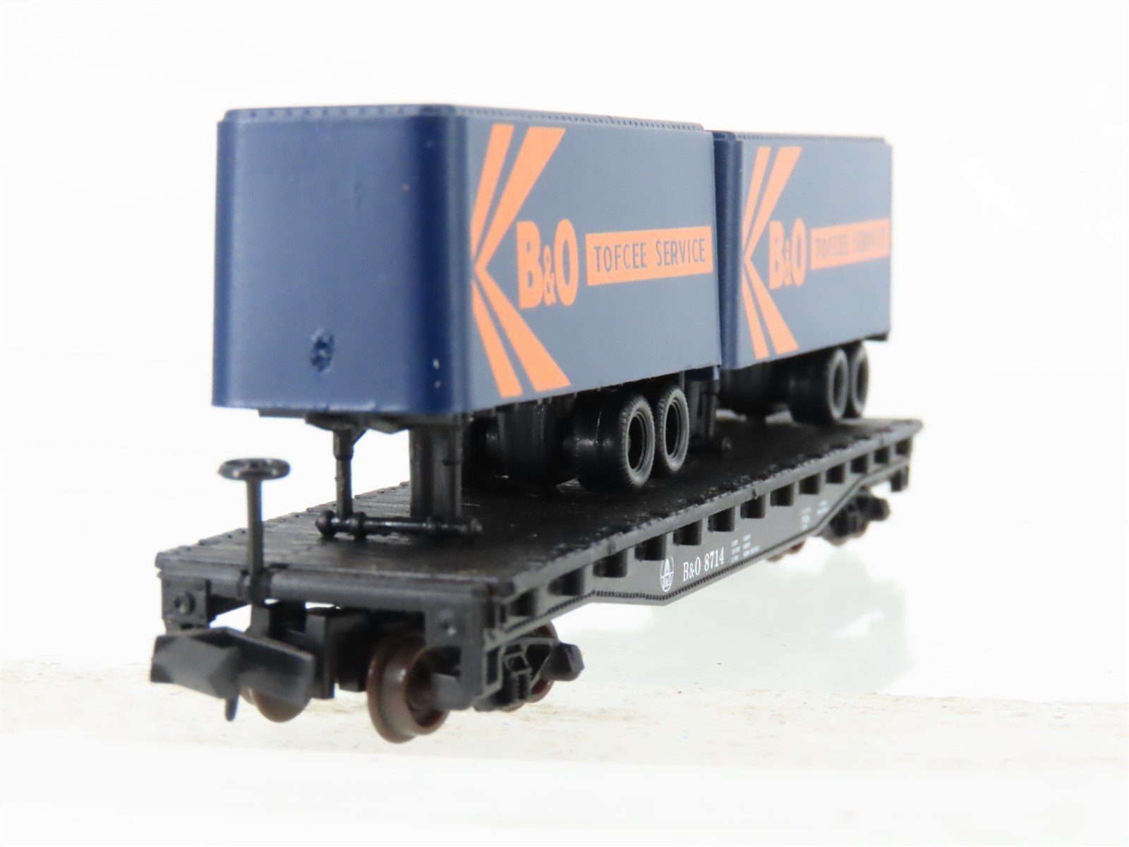N Scale Atlas B&O Baltimore & Ohio Railroad Flat Car #8714 w/ 2 Trailers