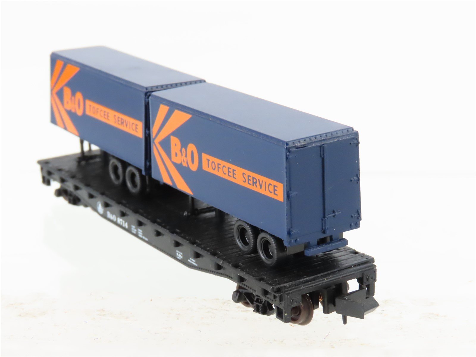 N Scale Atlas B&O Baltimore & Ohio Railroad Flat Car #8714 w/ 2 Trailers