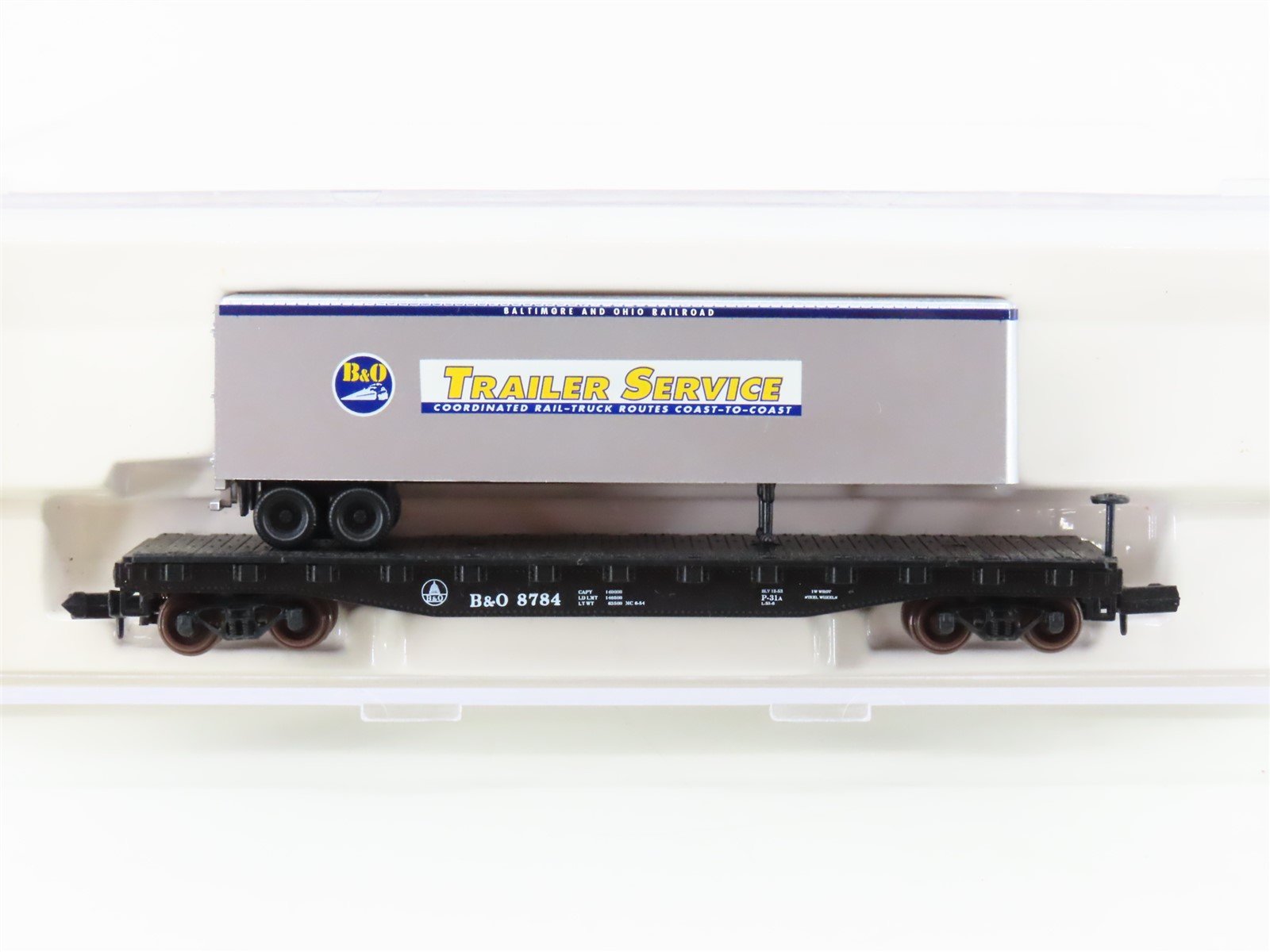 N Scale Atlas 37791 B&O Baltimore & Ohio Piggyback Flat Car #8784 w/ Trailer