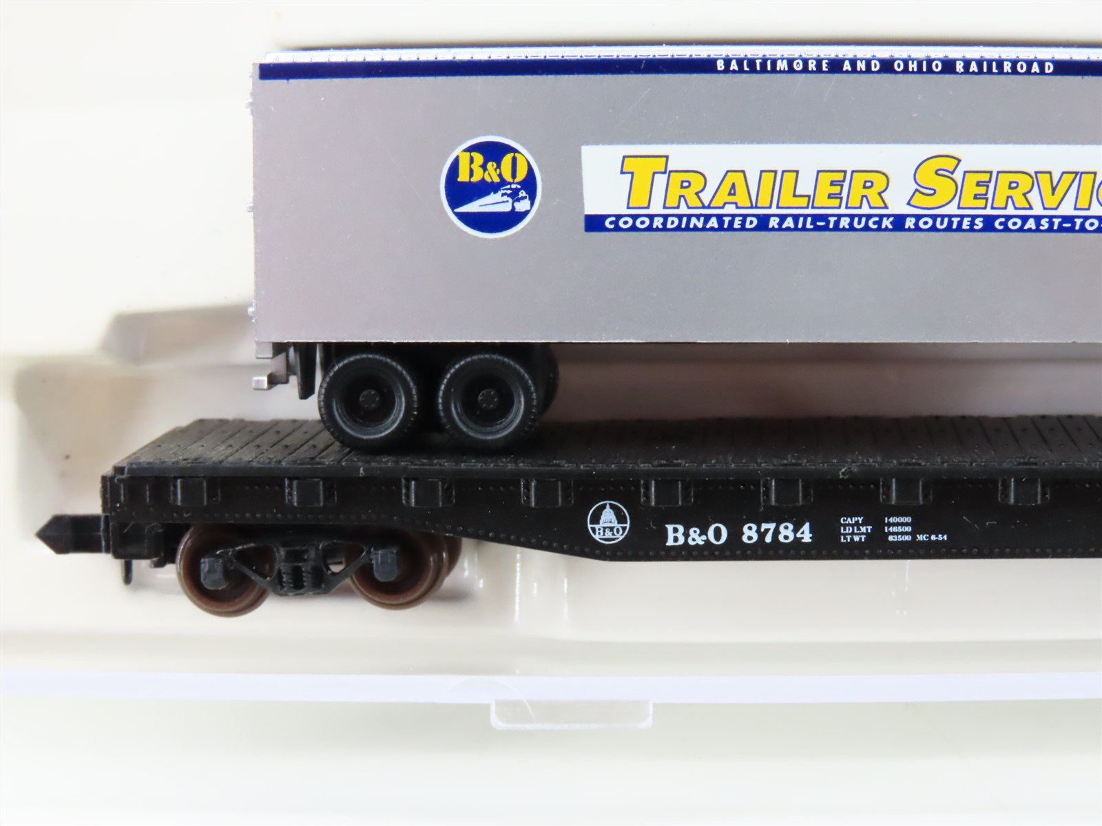 N Scale Atlas 37791 B&O Baltimore & Ohio Piggyback Flat Car #8784 w/ Trailer