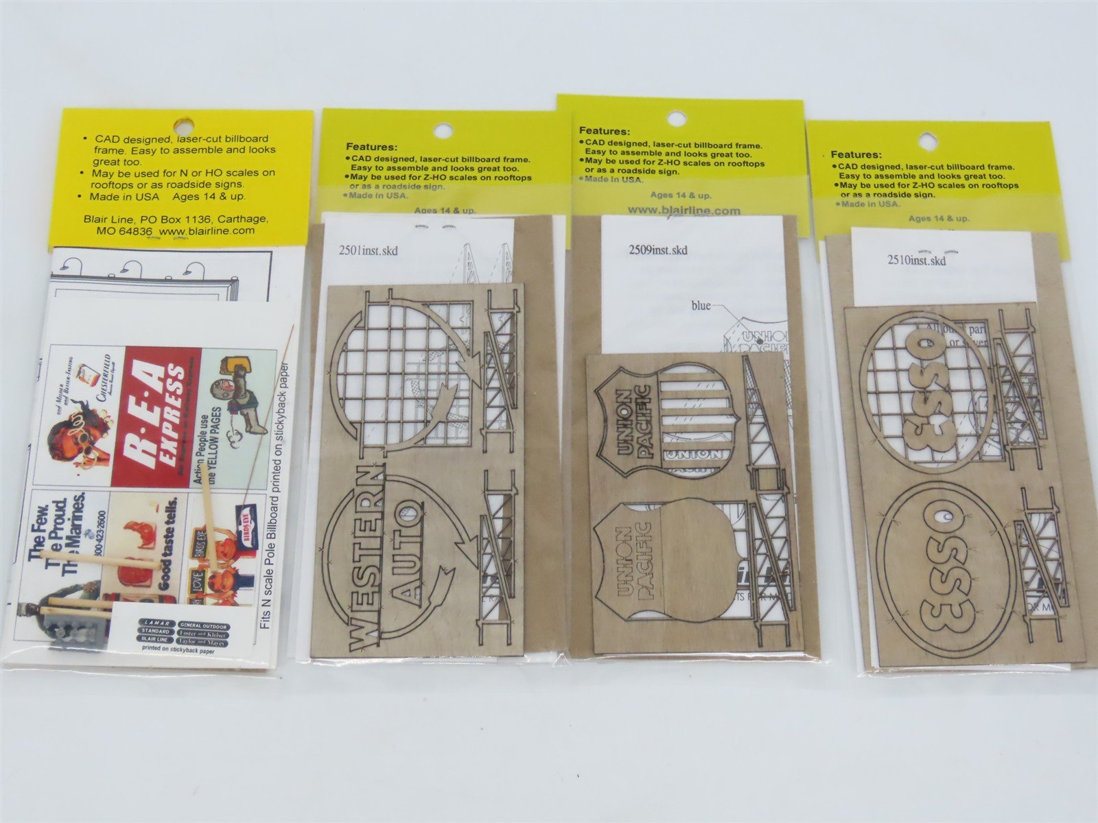 LOT of 4 N/HO Scale Blair Line Laser-Cut Assorted Billboards - SEALED
