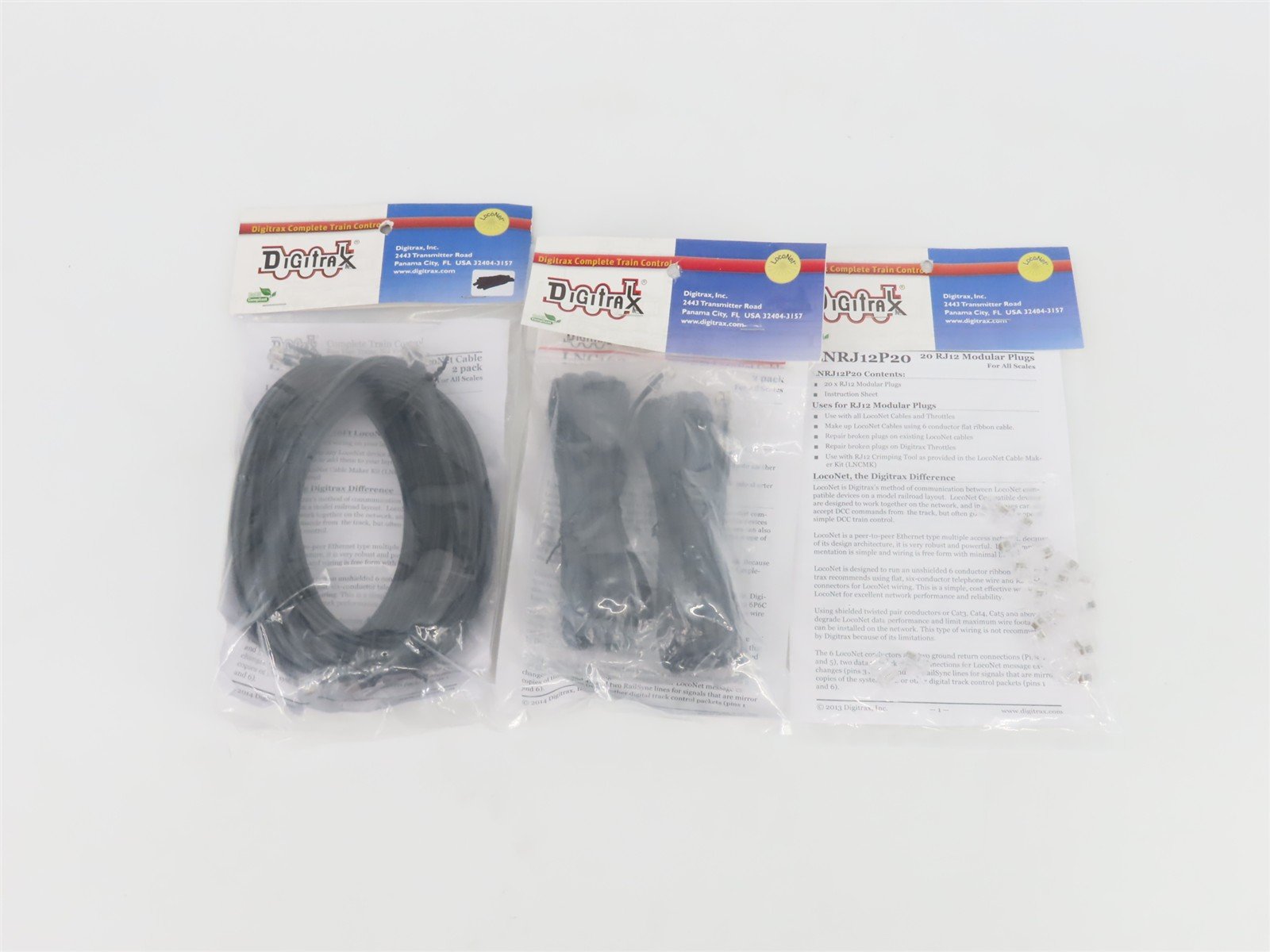 LOT of 3 Digitrax RJ12 Modular Plugs Pack & 16' LocoNet Cable Packs