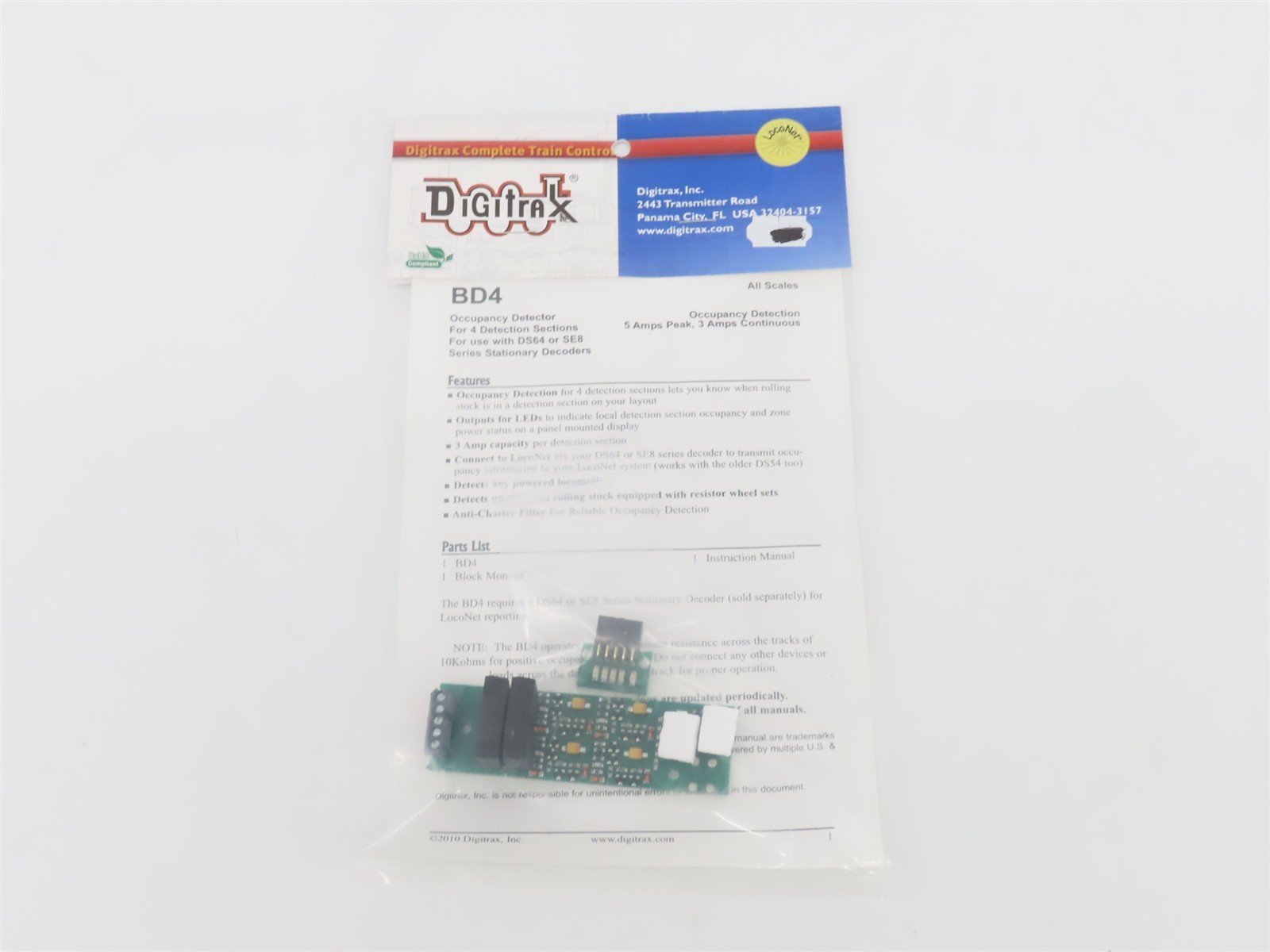 Digitrax BD4 LocoNet Four-Section Occupancy Detector