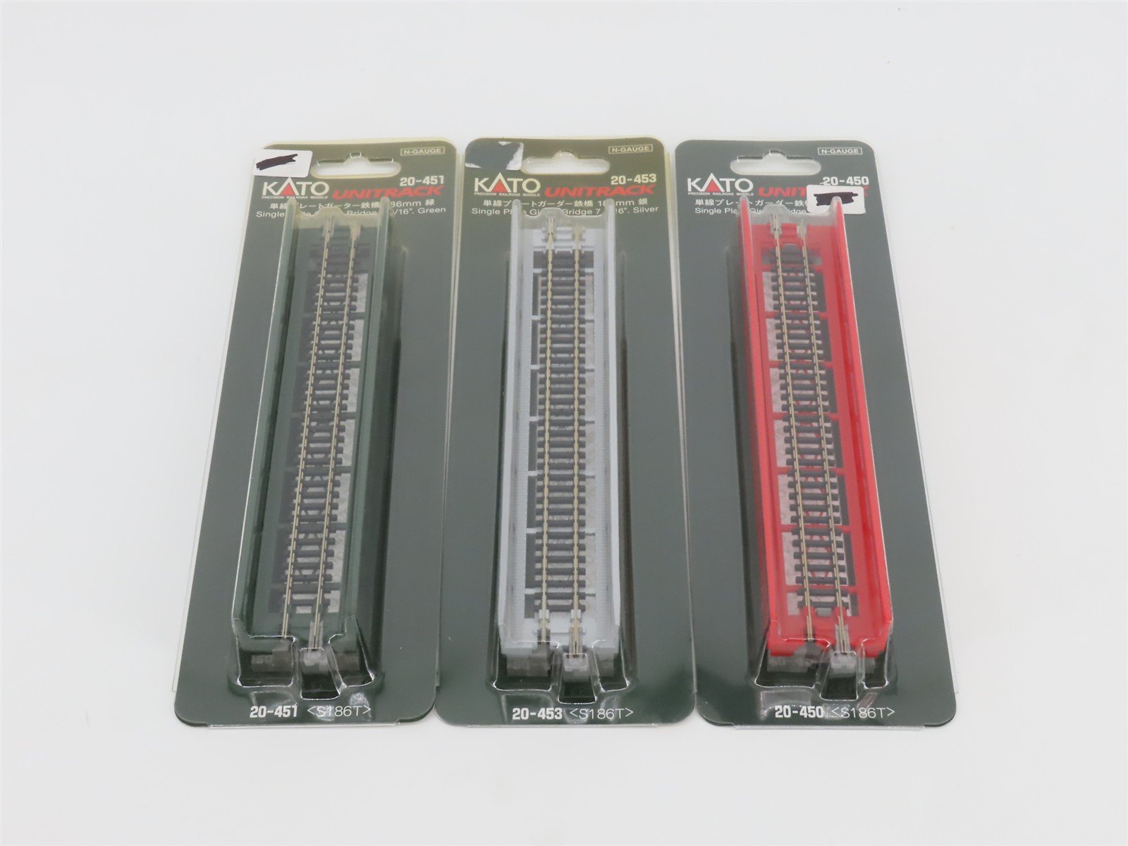LOT of 3 N KATO Unitrack Single Plate Girder Bridge Tracks - Red, Green & Silver