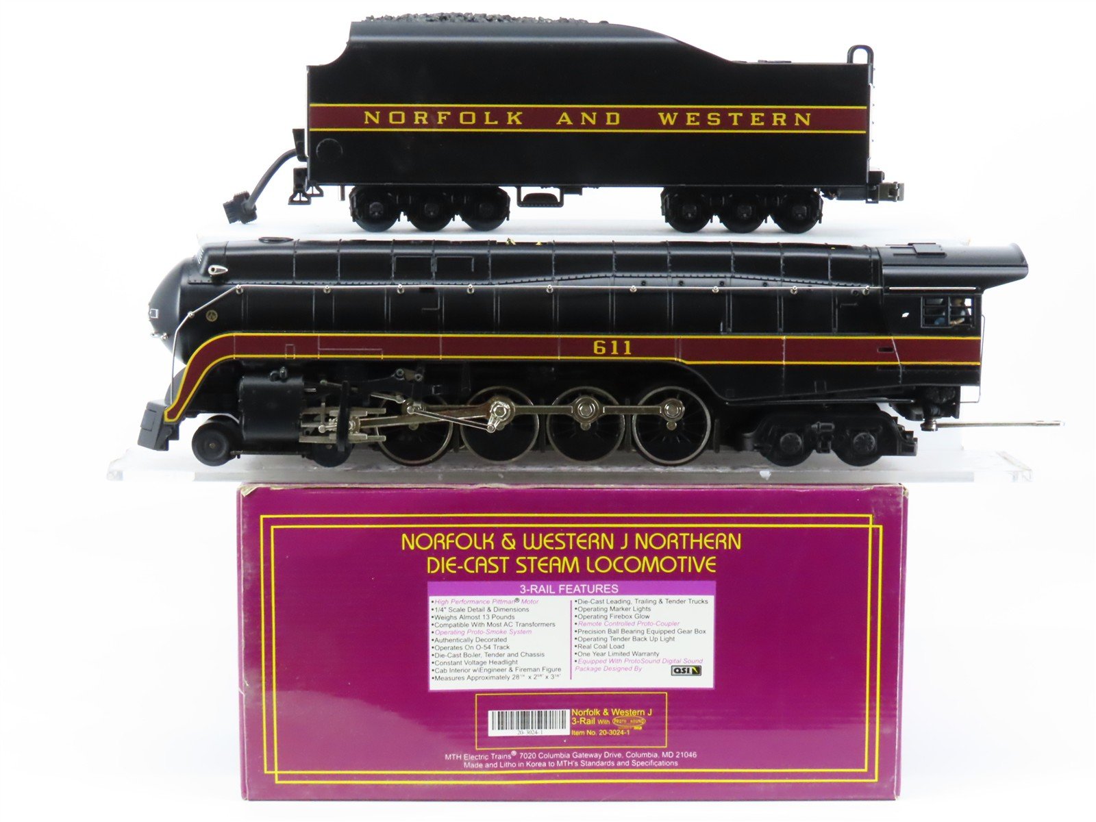 O Gauge 3-Rail MTH 20-3024-1 N&W Norfolk & Western J Class 4-8-4 Steam Loco #611