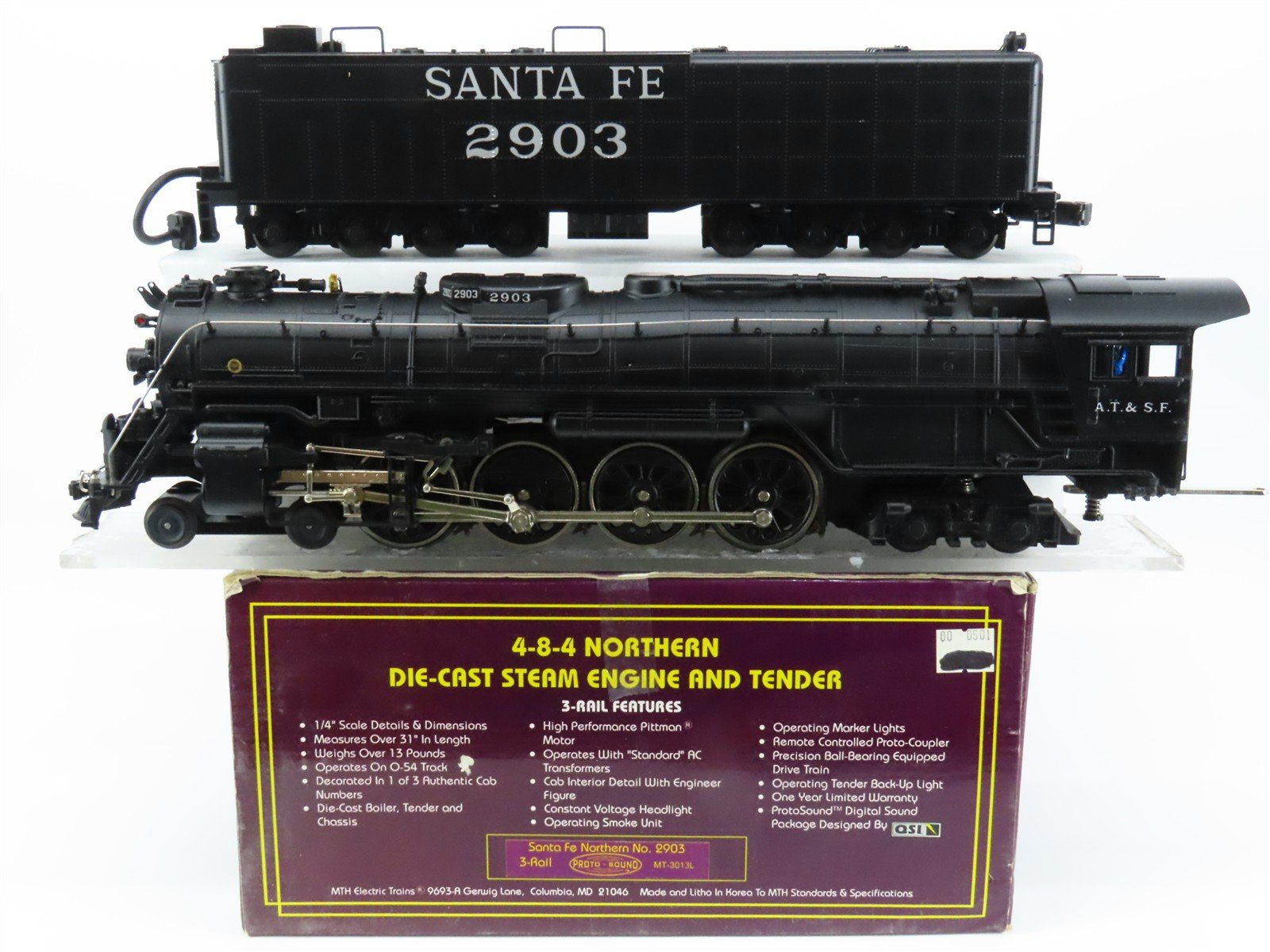O Gauge 3-Rail MTH MT-3013L ATSF Santa Fe 4-8-4 Steam Locomotive #2903 w/Sound