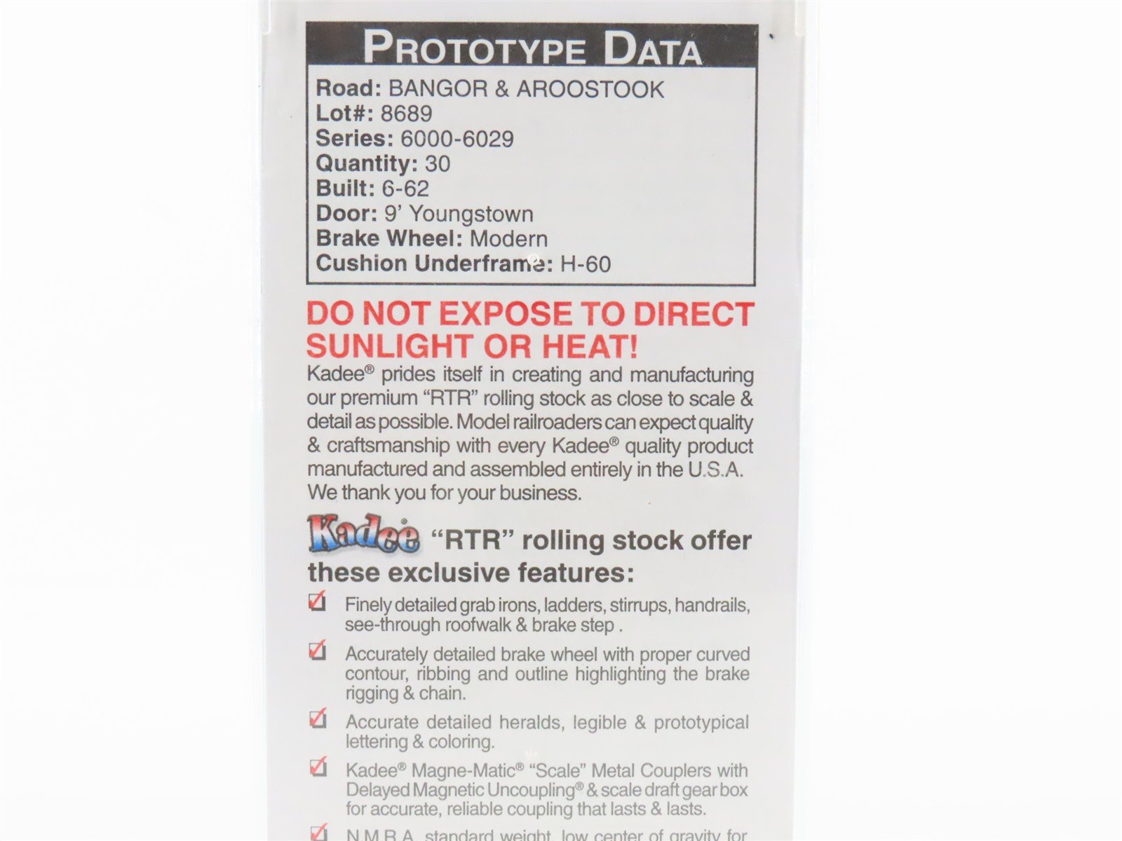 HO Scale Kadee Cars 6327 BAR Bangor & Aroostook 50' Single Door Box Car #6012