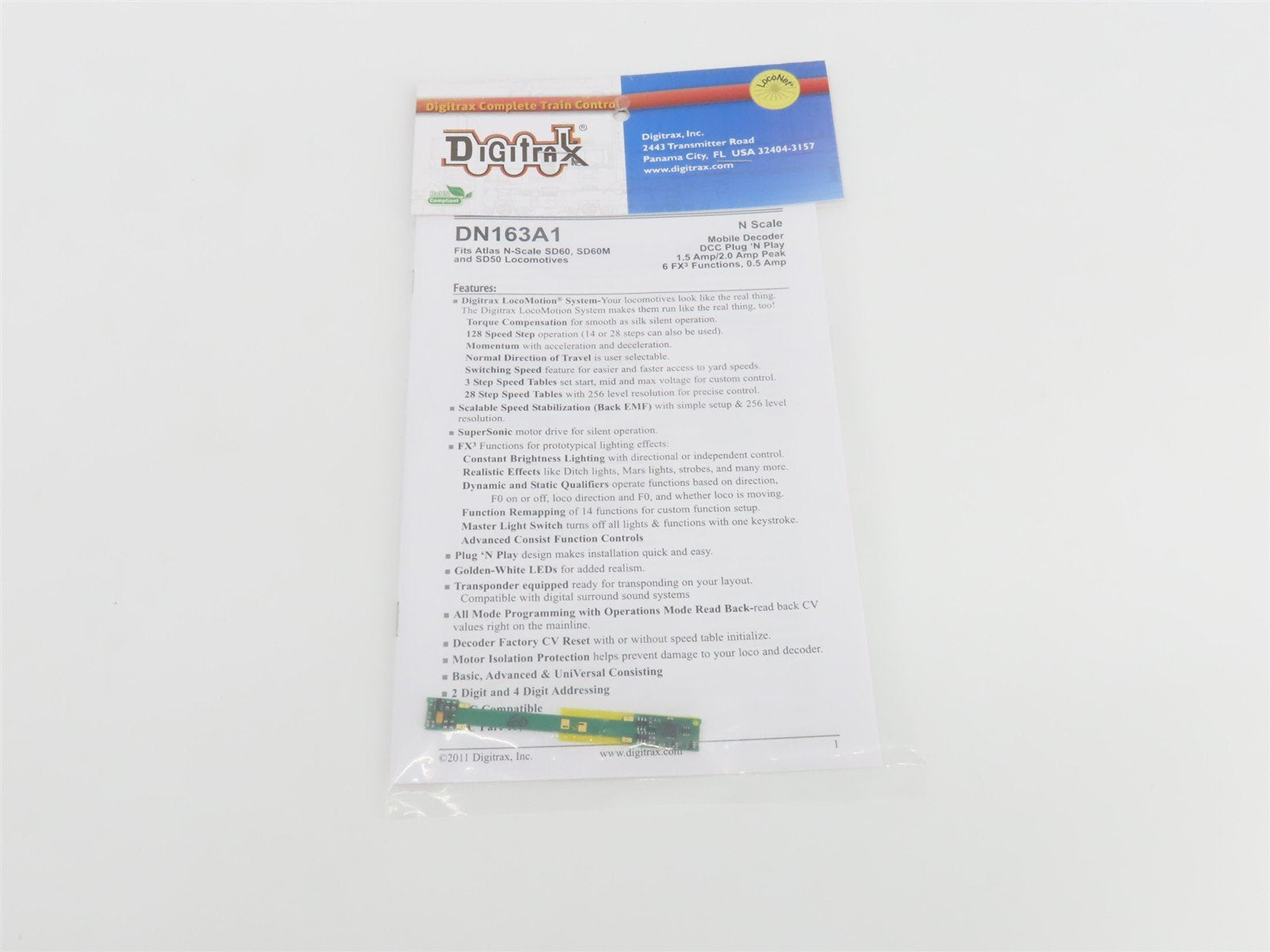 Digitrax DN163A1 DCC Mobile Decoder for N Scale Atlas SD60, SD60M & SD50 Diesels