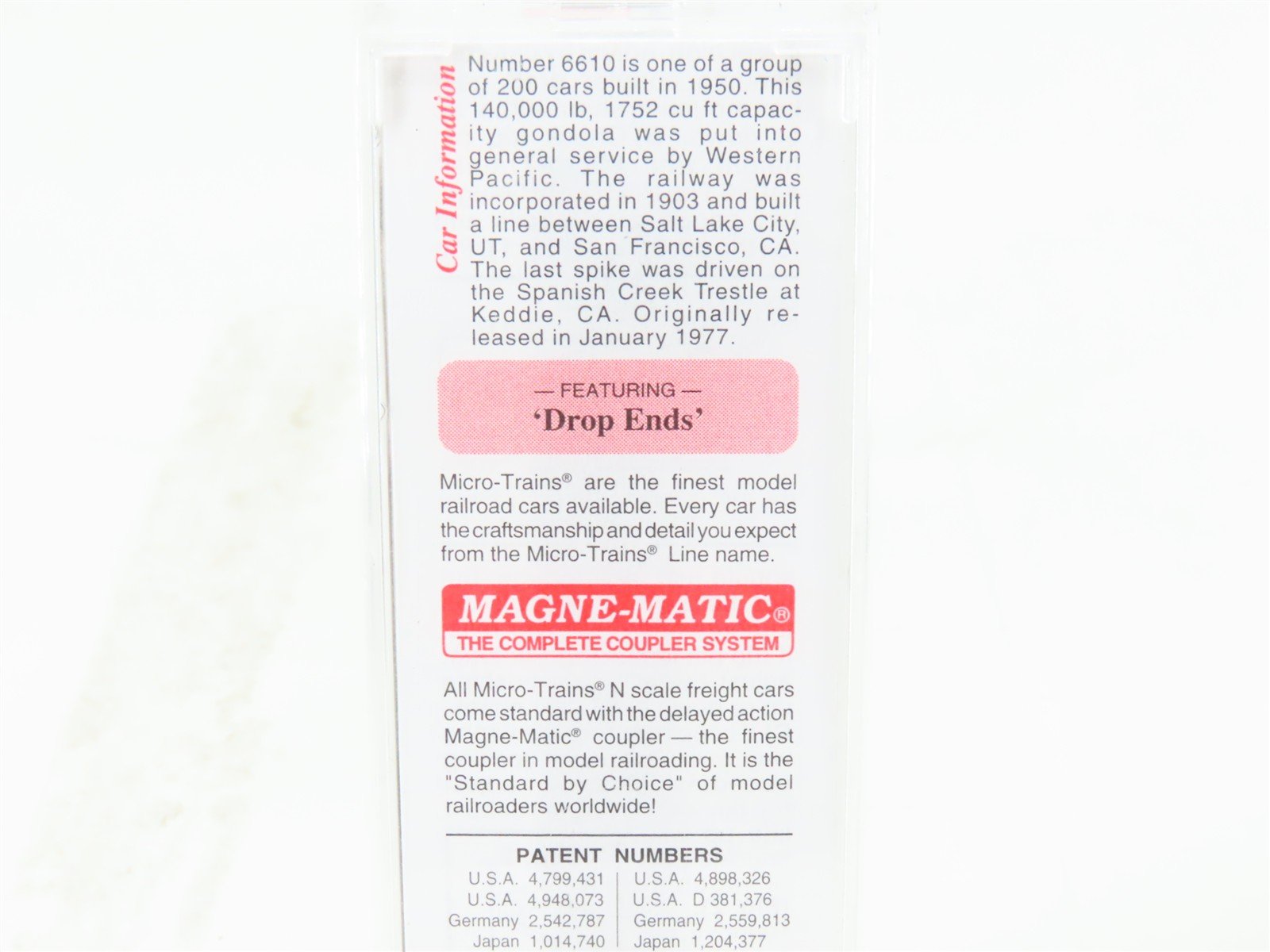 N Scale Micro-Trains MTL 46050 WP Western Pacific Railroad 50' Gondola #6610