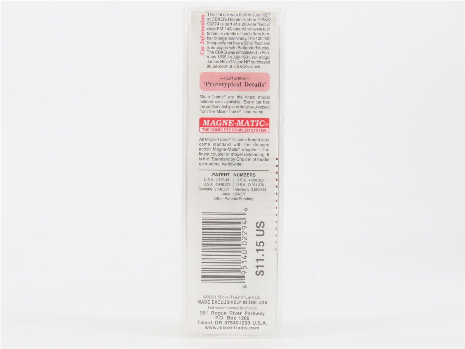 N Scale Micro-Trains MTL 44090 CB&Q Burlington Route 50' Flat Car #93374